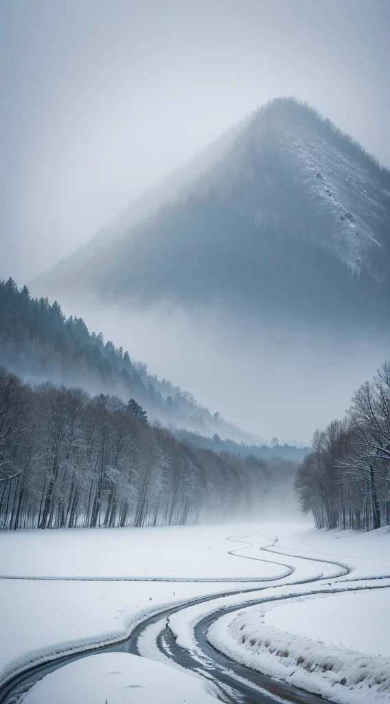 Foggy,Siberian landscape,Heavy snow covers the jungle,