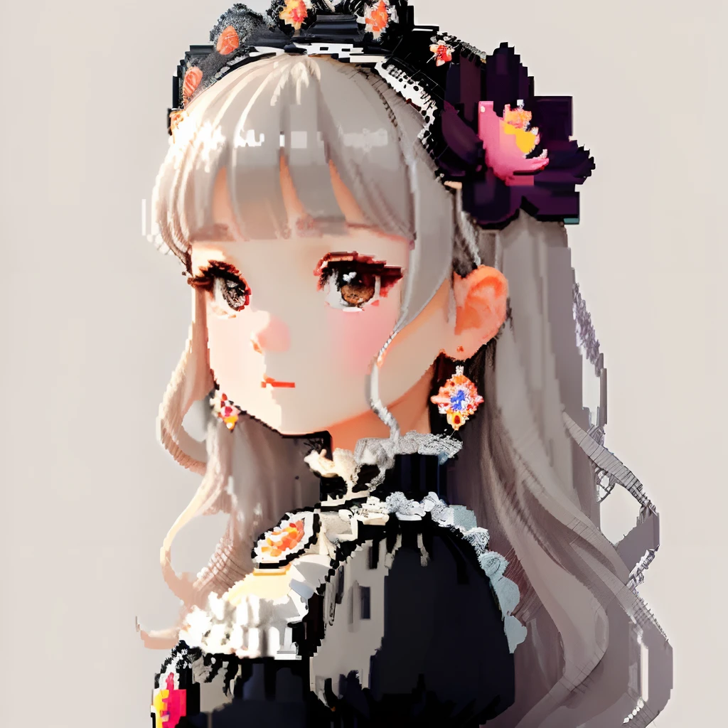 She was dressed like an ornate jewel,large earring、Lots of flowers、 Gothic White、Colorful Floral Decoration Costume、Girl with dull grey long S-shaped curls、Look back and look at this.、Pixel art、Pixel Art Illustration、pixels、Plain background、Upper body、For icons、pixels_Art Book,Composition centered on the face、Black lily flower headdress、Katyusha、pixels、Game-style illustration、Pixel art、pixels、without background、The background is one color beige、pixels、Large anemone flower ornament、Loose fluffy、White background、Lolita Fashion、simple background、A girl about 16 years old、Beautiful eyes like jewels、pixels、pixels