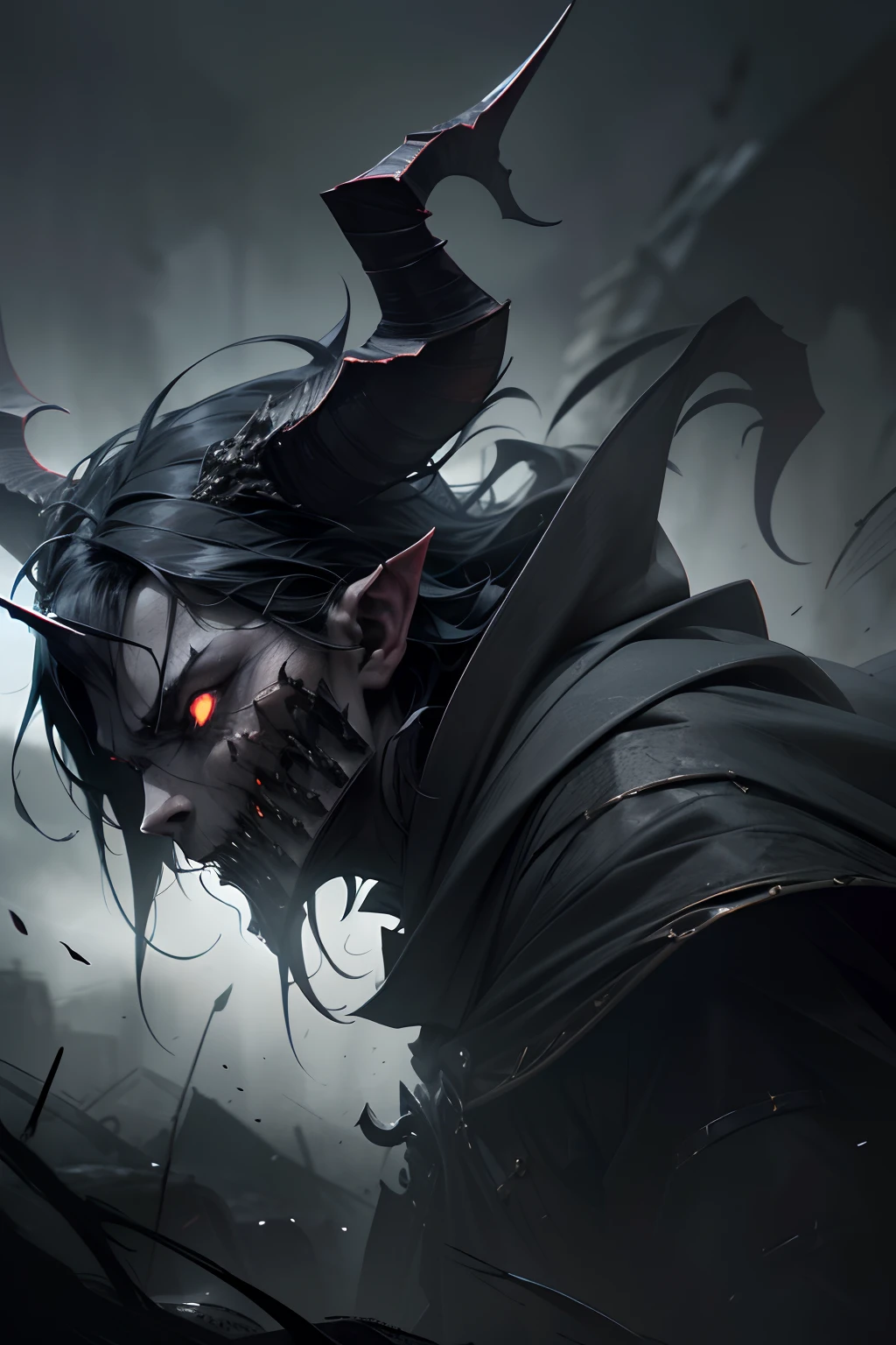 best quality,4k,highres,masterpiece:1.2, ultra-detailed, realistic:1.37, dark art, portraits, eerie atmosphere, mysterious lighting, terrifying presence, menacing armor, grim expression, sinister eyes, twisted horns, sharp sword, ominous cloak, dark clouds, haunting shadows, intense battle scene, dramatic composition