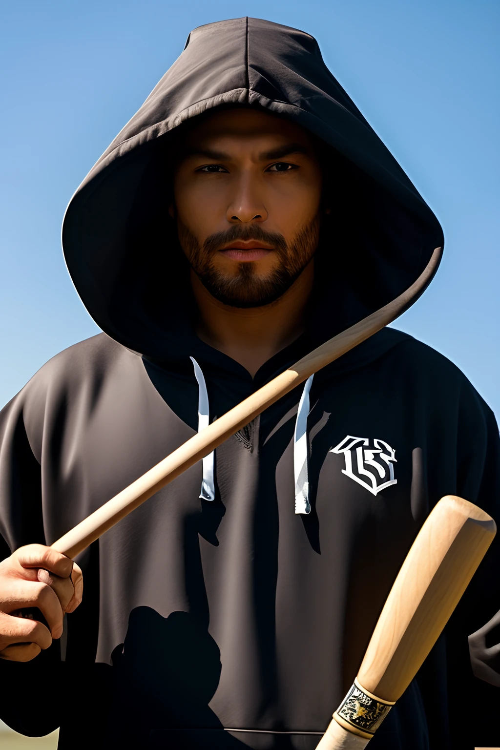 Hooded man, holding a metal bat