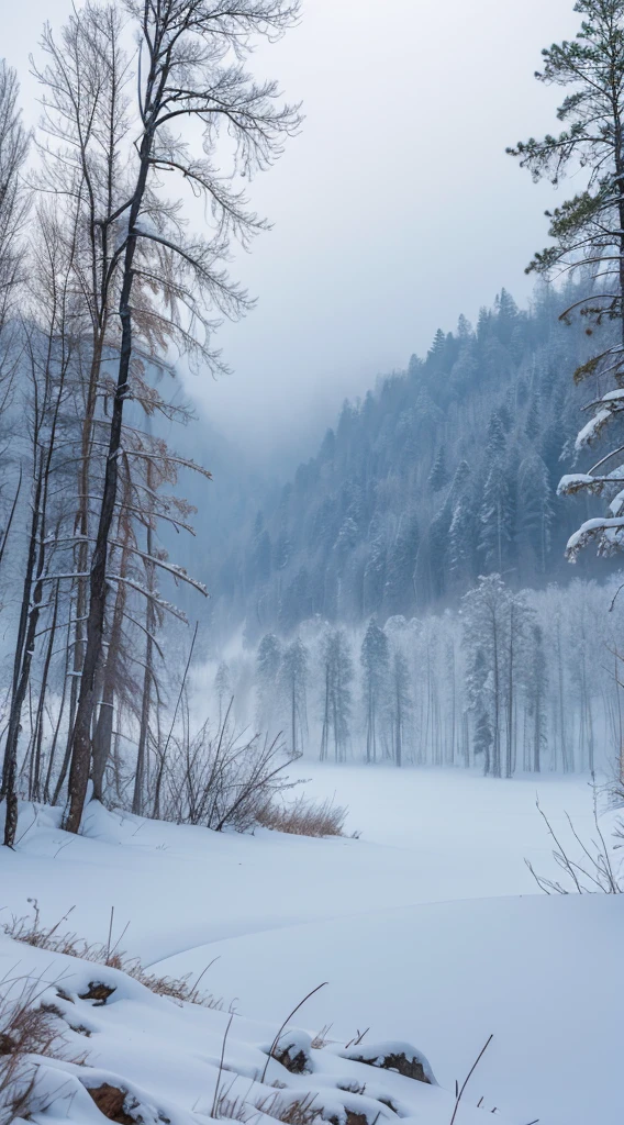 Foggy,Siberian landscape,Heavy snow covered the jungle,Frozen