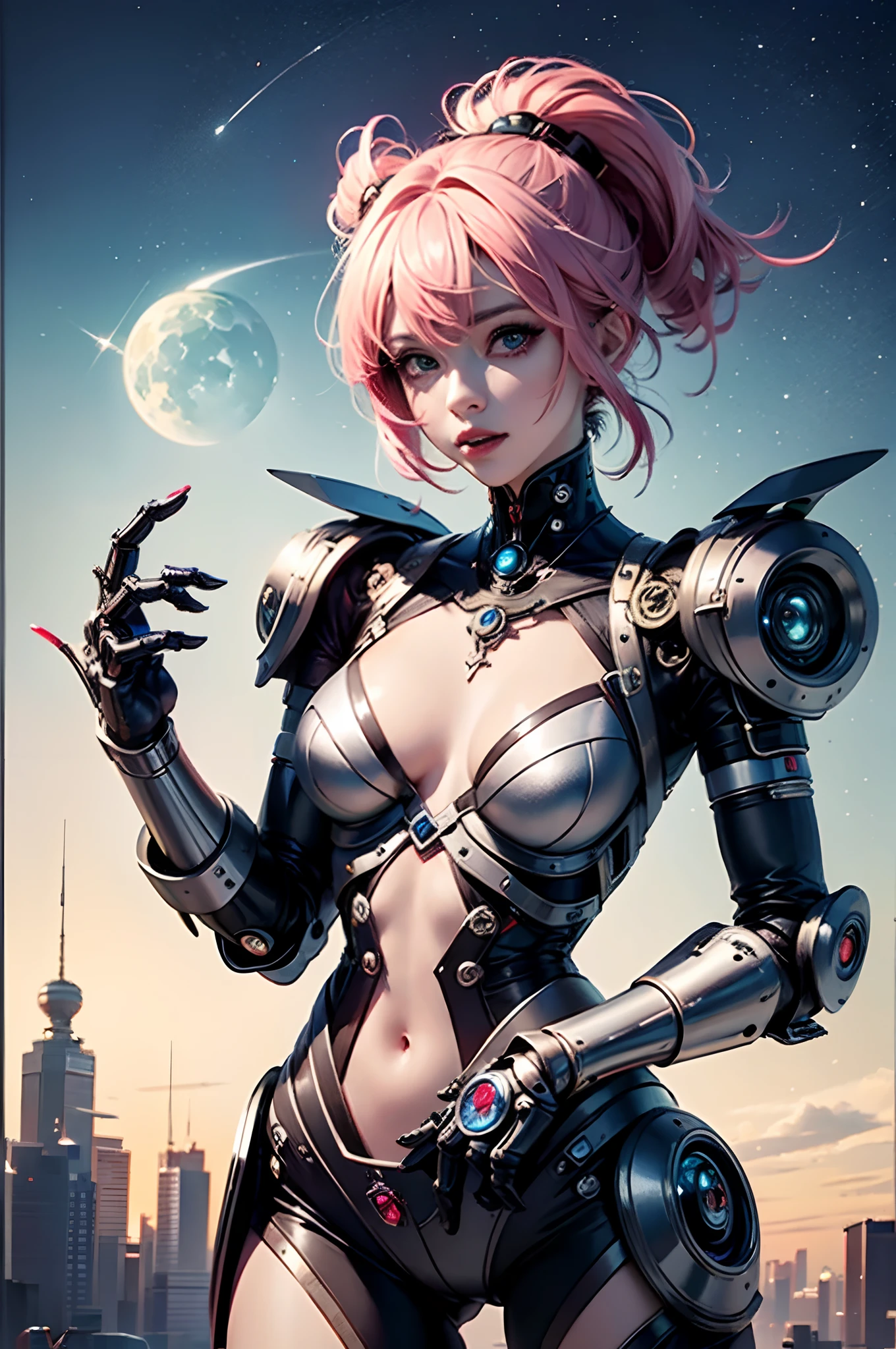 A fantz monster design,  Cute robot in the middle of space [style-rustmagic]，female robot，Half-human, Cyborgs，