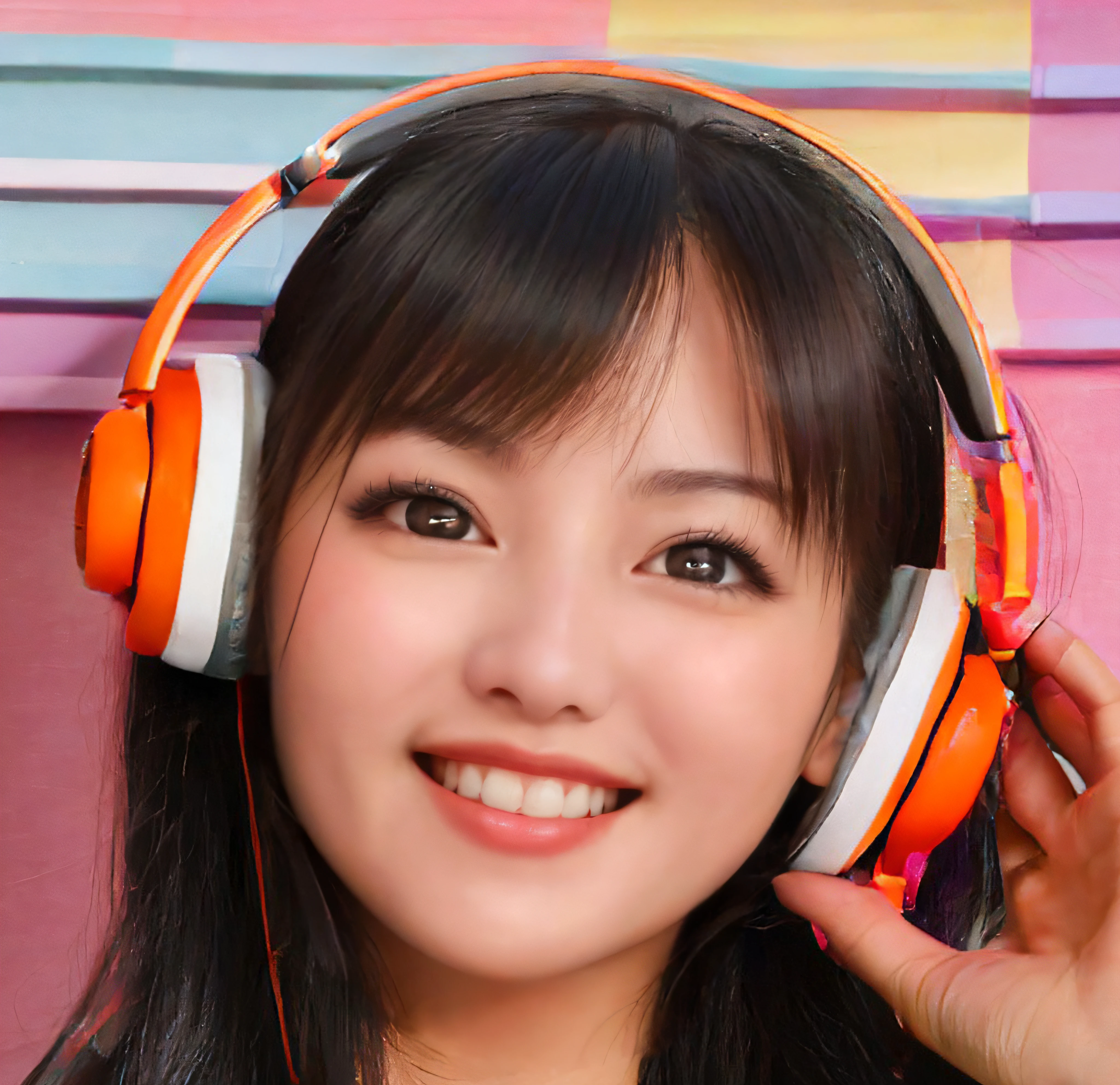 Eyes, nose and mouth in the center of the face、nose and mouth small、There are bangs、Smile big(8k, RAW photo, best quality, masterpiece:1.2), (realistic, photo-realistic:1.4), (extremely detailed 8k wallpaper), sharp focus, depth of field, blur background, bokeh,  cinematic lighting, soft light, upper body, 20 years old cute actress