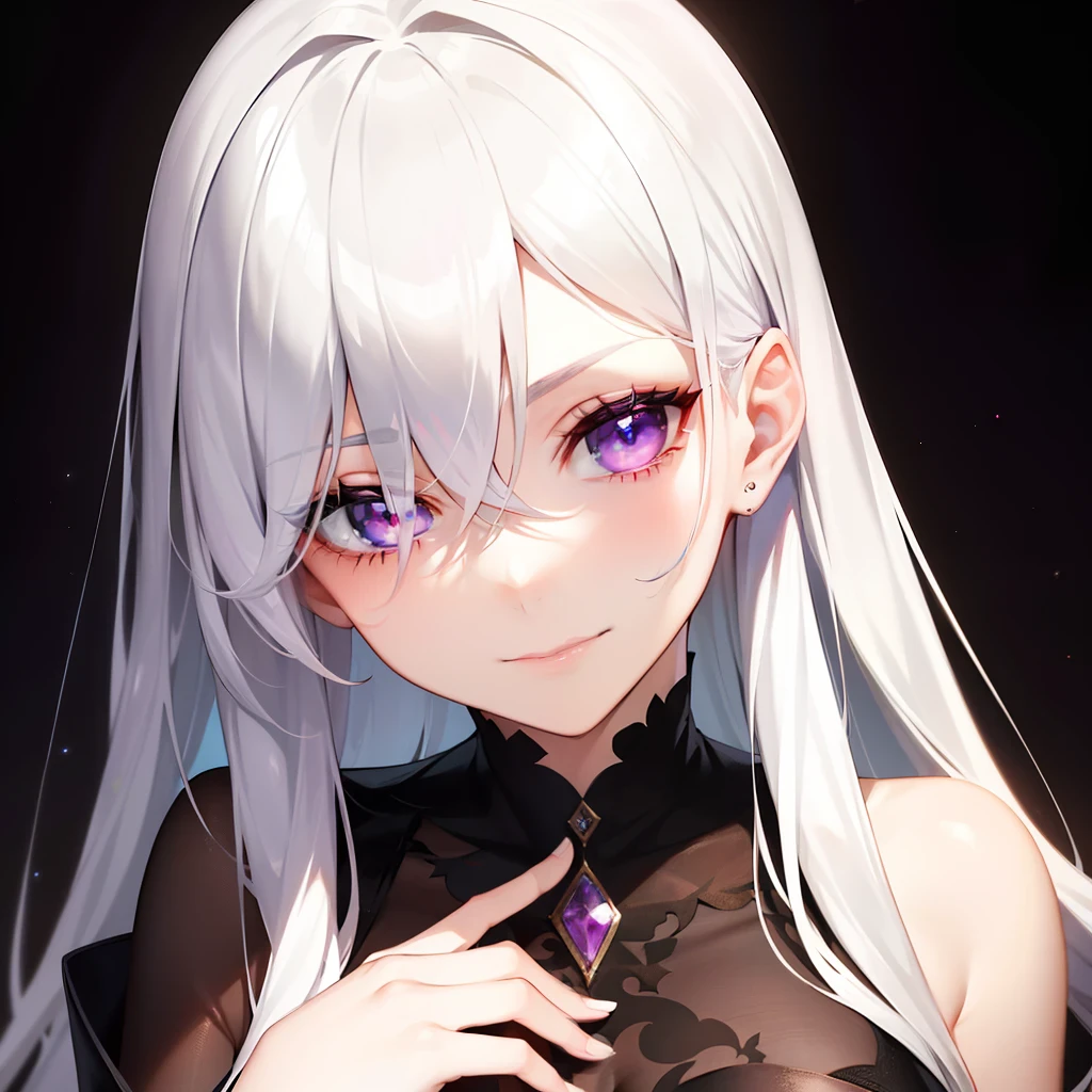 A pretty beautiful lady, with deep violet eyes and long white hair, peeking at you with a smirk, a human, close up, looking at you from left