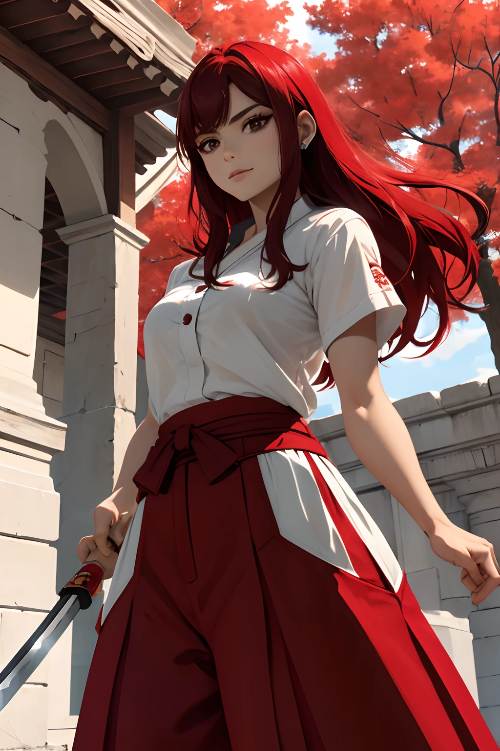 Obra maestra, La mejor calidad, Altas Resoluciones, Cola de hadas, 1girl, Cabello largo, Pelo rojo, Cola de caballo, cinta blanca, Pelo sobre un ojo, brown eyes, senos grandes, 鎖骨, Pecho sarashi, venda, Brazos desnudos, diafragma, hakama rojo, pantalones rojos, En pie, Sosteniendo un arma, espada, katana, al aire libre,