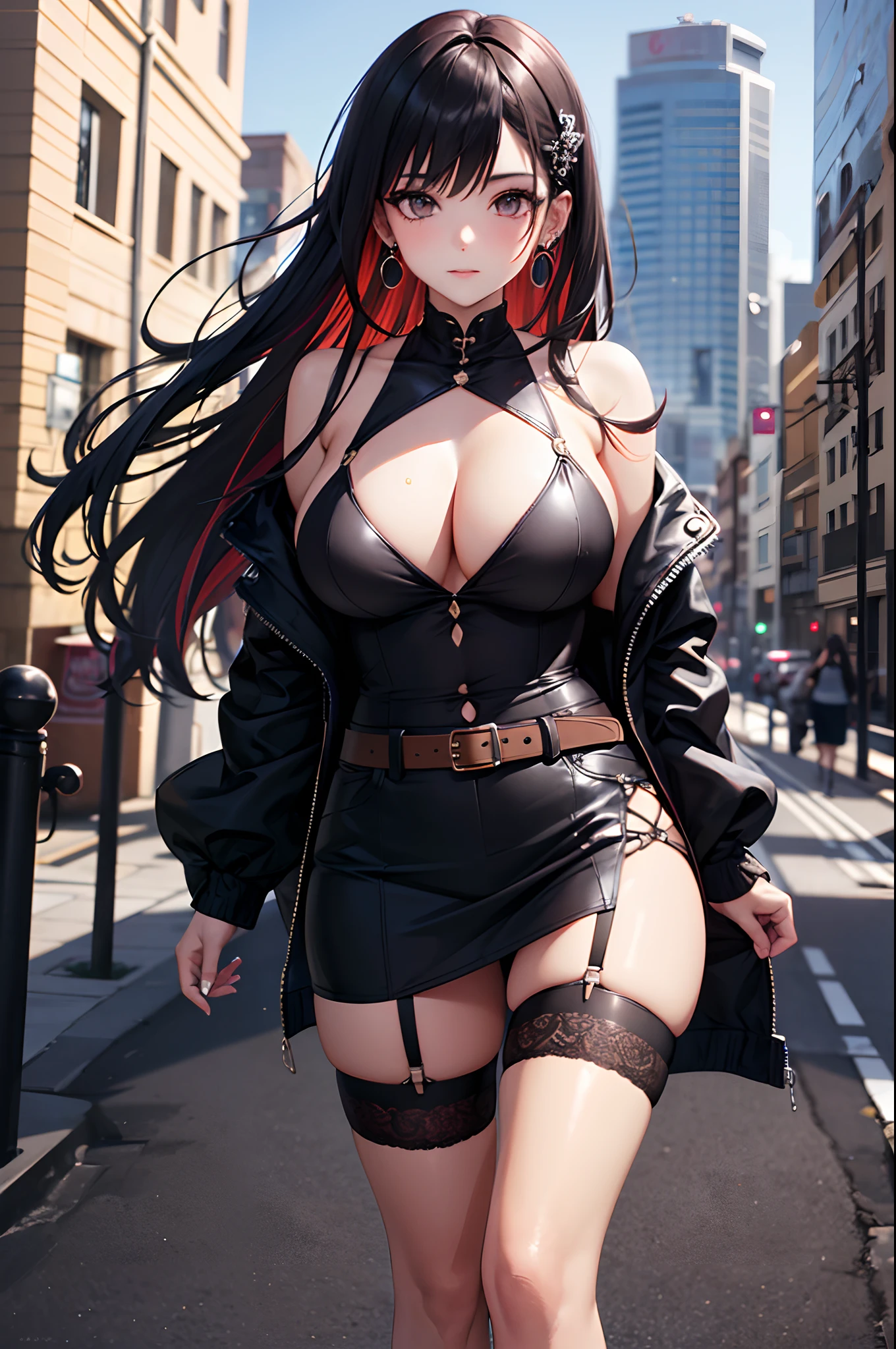 1girl, absurdres, high res, extremely detailed ultrasharp, 8K, masterpiece, city background, looking at viewer, human, thighs, breasts, big breasts, sideboob, long hair, multicolored hair, makeup, hair ornament, shirt, open jacket, miniskirt, belt, garter straps, ear piercings, hair ornament, transparent