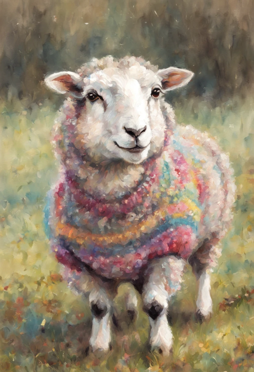 Painted in pastel with a cute sheep in a field wearing a colorful knitted sweater