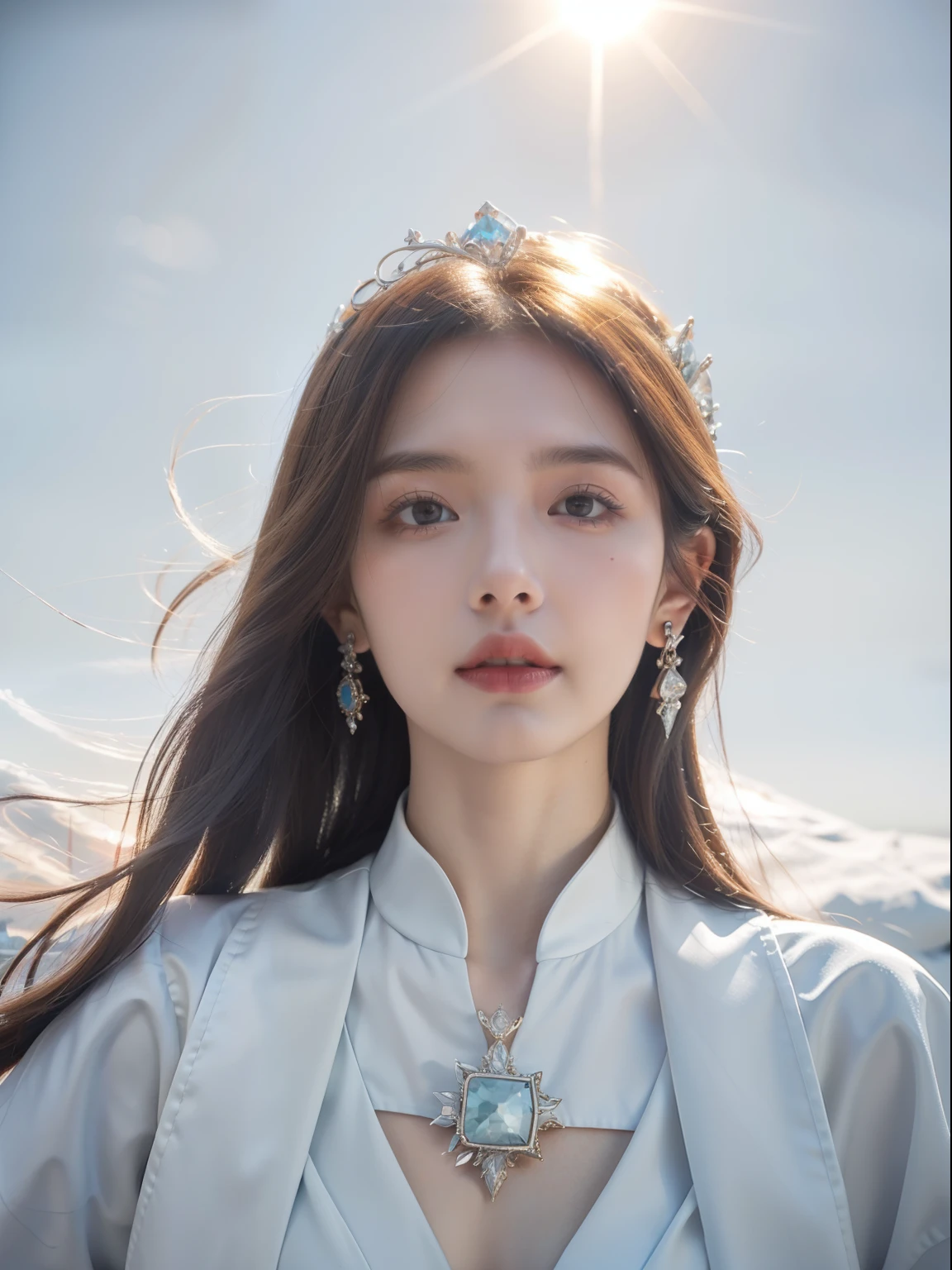 `Ice Queen in a kingdom with the sun as the background, High definition, Rich in details`