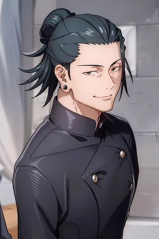 1 man, Getou, looking left side, smile, short fur, black hair, tall, 1st year, closed mouth, standing, body turned to side, jacket, upper body, Male focus, inside, hair bun, brown eyes, pants wide black, show legs, piercing, single hair bun, ear piercing, Gakuran, hair pulled back, master piece