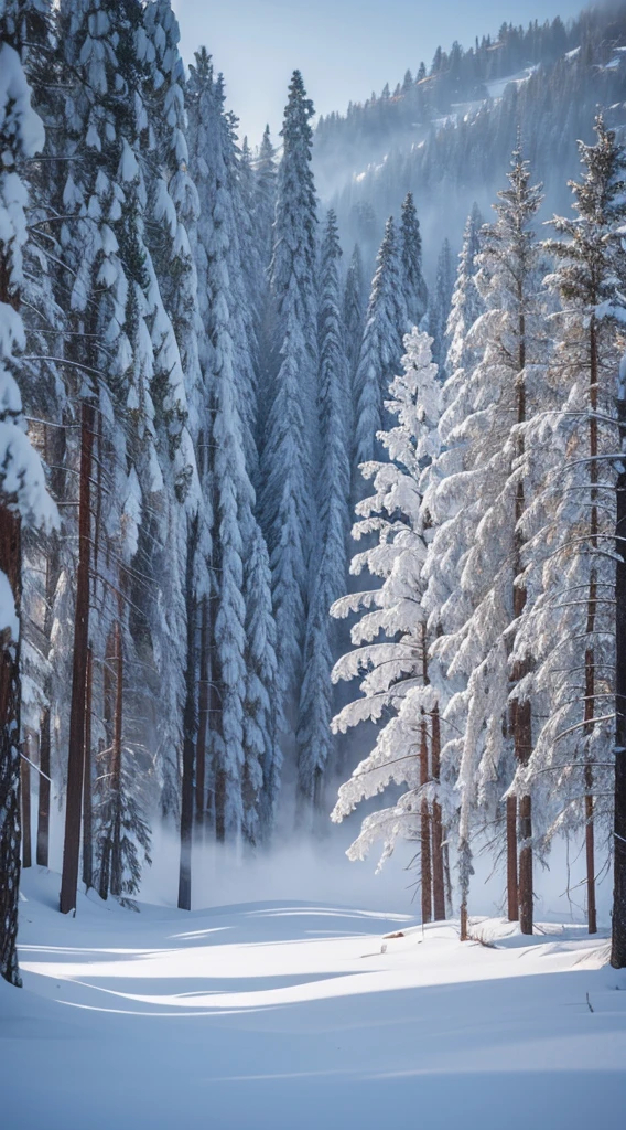 Foggy，Siberian landscape，Heavy snow covered the jungle，The pine trees are covered with ice flowers