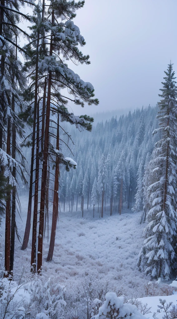 Foggy，Siberian landscape，Heavy snow covered the jungle，The pine trees are covered with ice flowers