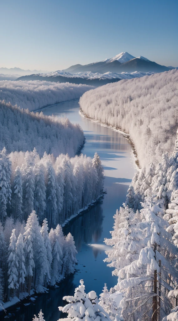 Foggy，Siberian landscape，Heavy snow covered the jungle，The pine trees are covered with ice flowers