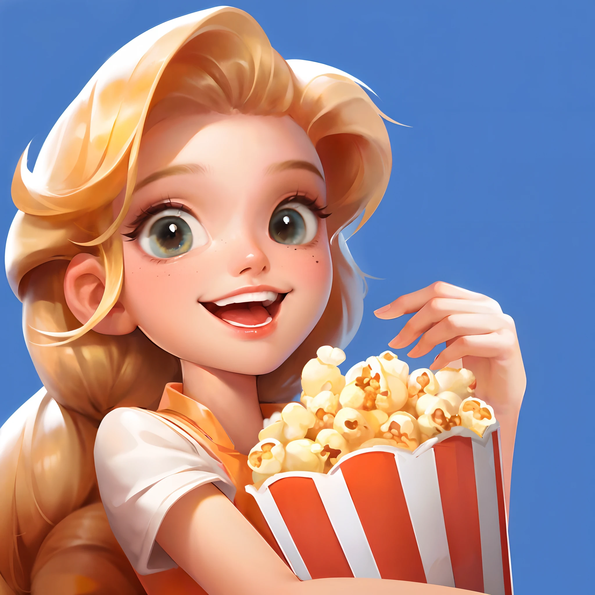 Cartoon girl holding popcorn,brown golden hair,Licking tongue,ssmile,Girl holding a popcorn bucket,cuteexpression,Lick your tongue and smile,Idle game icons,Highly detailed characters,Digital character illustration、 Disney art style, The image of the heroine in Clash Royal Royale, Realistic characters, Character style, The light from the back window is backlighted, Charming character illustration style, Masterpiece of best quality, , Clean background IW 2 , super detailing, 16K, textureskin, high detal, a 3D render, Ray tracing, Octane renderer, Blender renderer, C4D Renderer Aspects 9: 16 --niji 5 --s 180 -