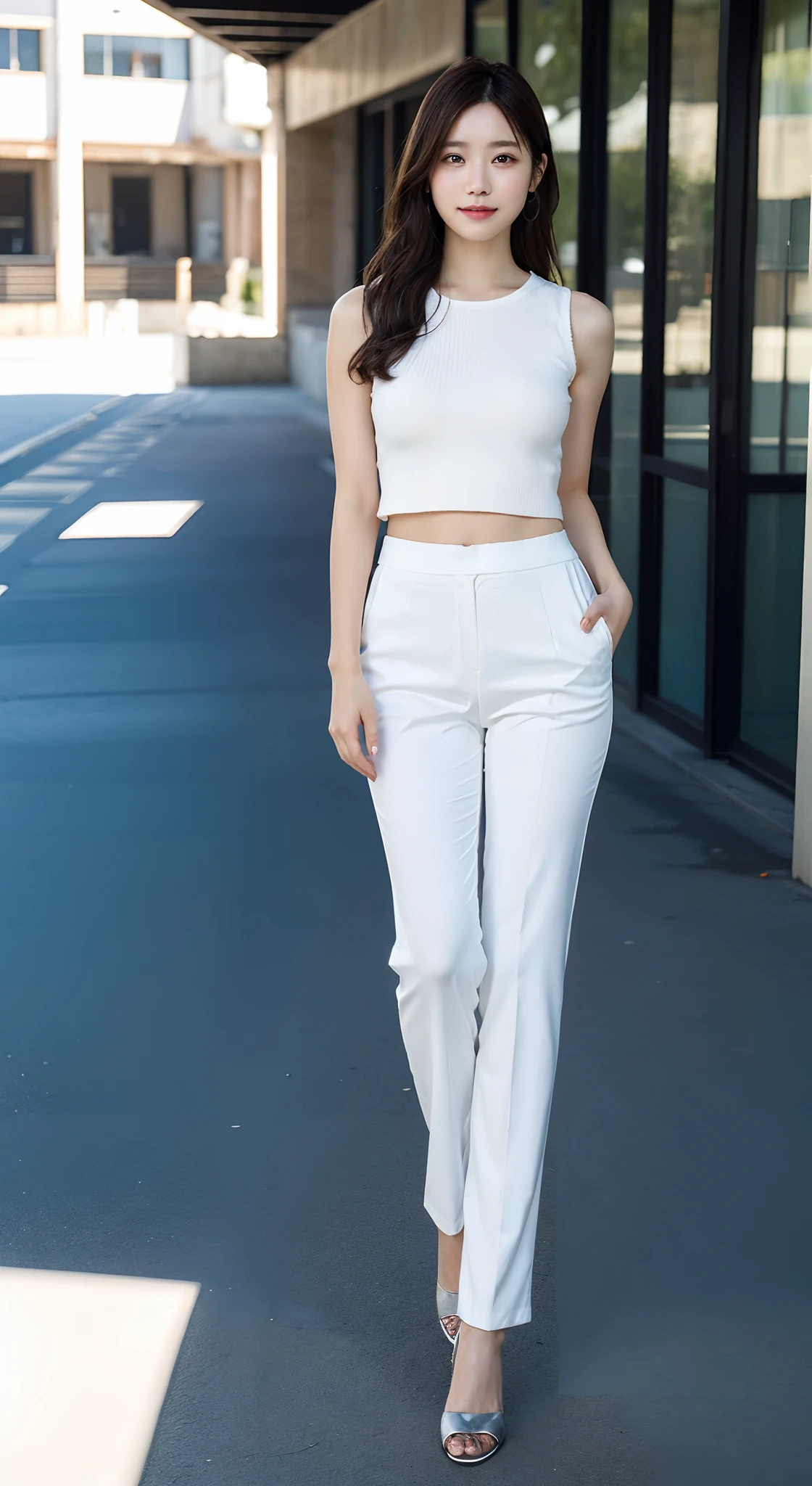 1 Female actress, Solo, (16K, masutepiece, Raw photo, Best Quality,Realistic, Photorealsitic, Detailed skin:1.2),Extremely beautiful face, Seductive smile, Looking at Viewer, happy smaile, model posing, (Photorealsitic:1.4)、octane renderings、Complex 3D rendering ultra detail, Studio Soft Light, Rim Lights, vibrant detail, super detailing, realistic skin textures, Detail Face, Beautiful detail eyes, Very detailed CG Unity 16k wallpaper, make - up,BREAK (Full body portrait:1.5) BREAK White Slacks, sleeveless rib-knit BREAK at park