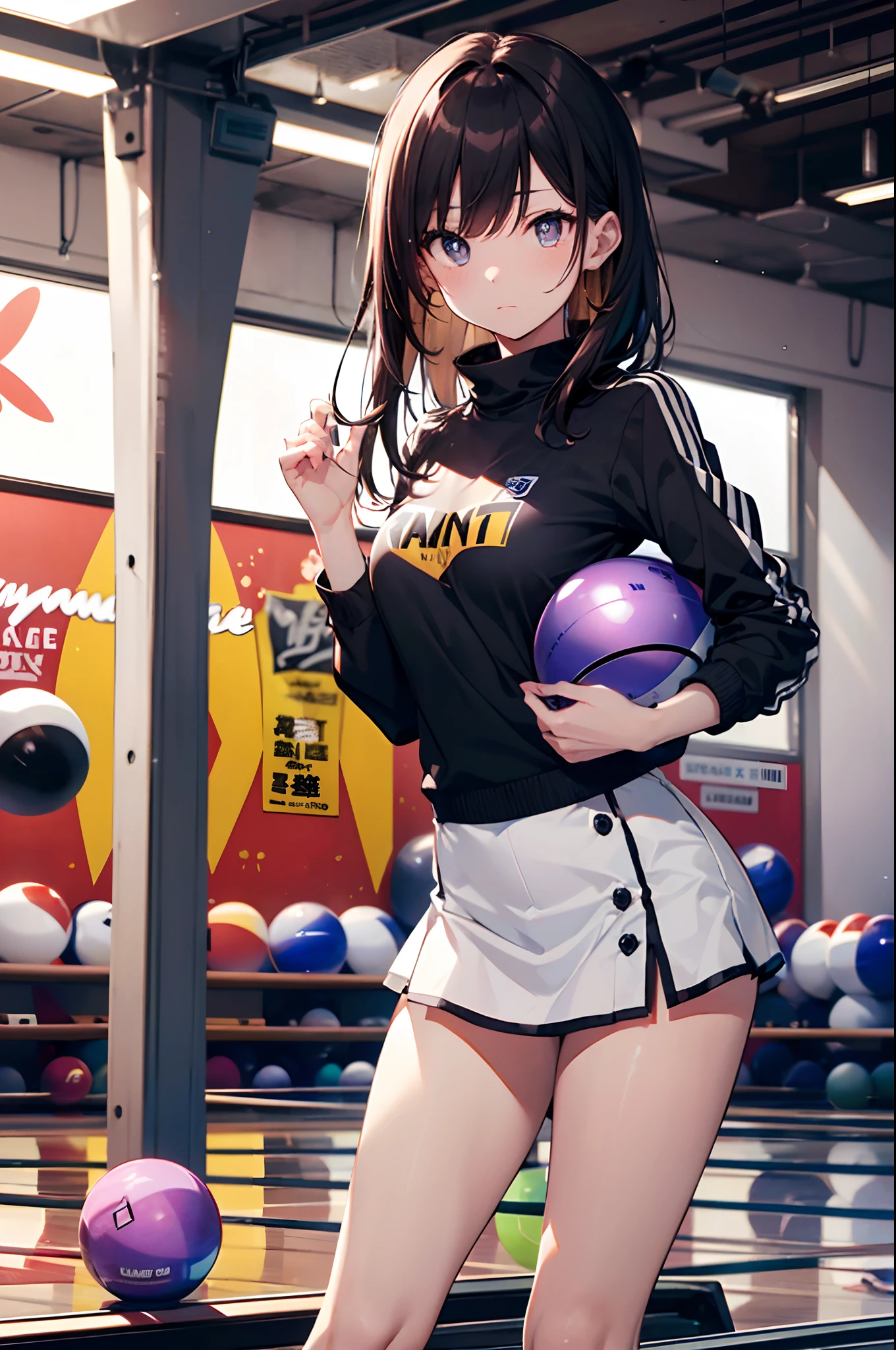 (Official art、Best Quality、Unity 8k Wallpapers、masterpiece、ultra-detailliert、超A high resolution、realisitic、Photorealsitic:1.2)、(Cinematic lighting:1.2)、Fireglow effect、film grains、Best Shadows、side lights、foco nítido、(cowboy shot:1.1)、(Ultra-detailed and complex 3D rendering)、Detailed beautiful face and eyes、Realistic pupils、Sharp pupils、Bowling alley、(Rolling a Bowling Ball:1.3)、Embarrassed look、I'm in a hurry、dynamicposes、Leaning forward heavily、1People Girls、a miniskirt、thighs thighs thighs thighs、A slender