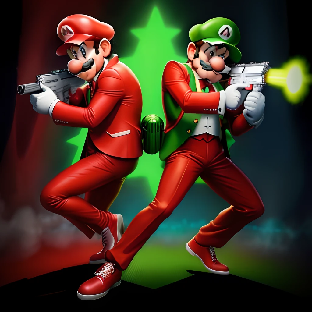 Hyper realistic Mario in a red suit with glowing red shoes and a gun and Luigi in a green suit with glowing green shoes and a gun