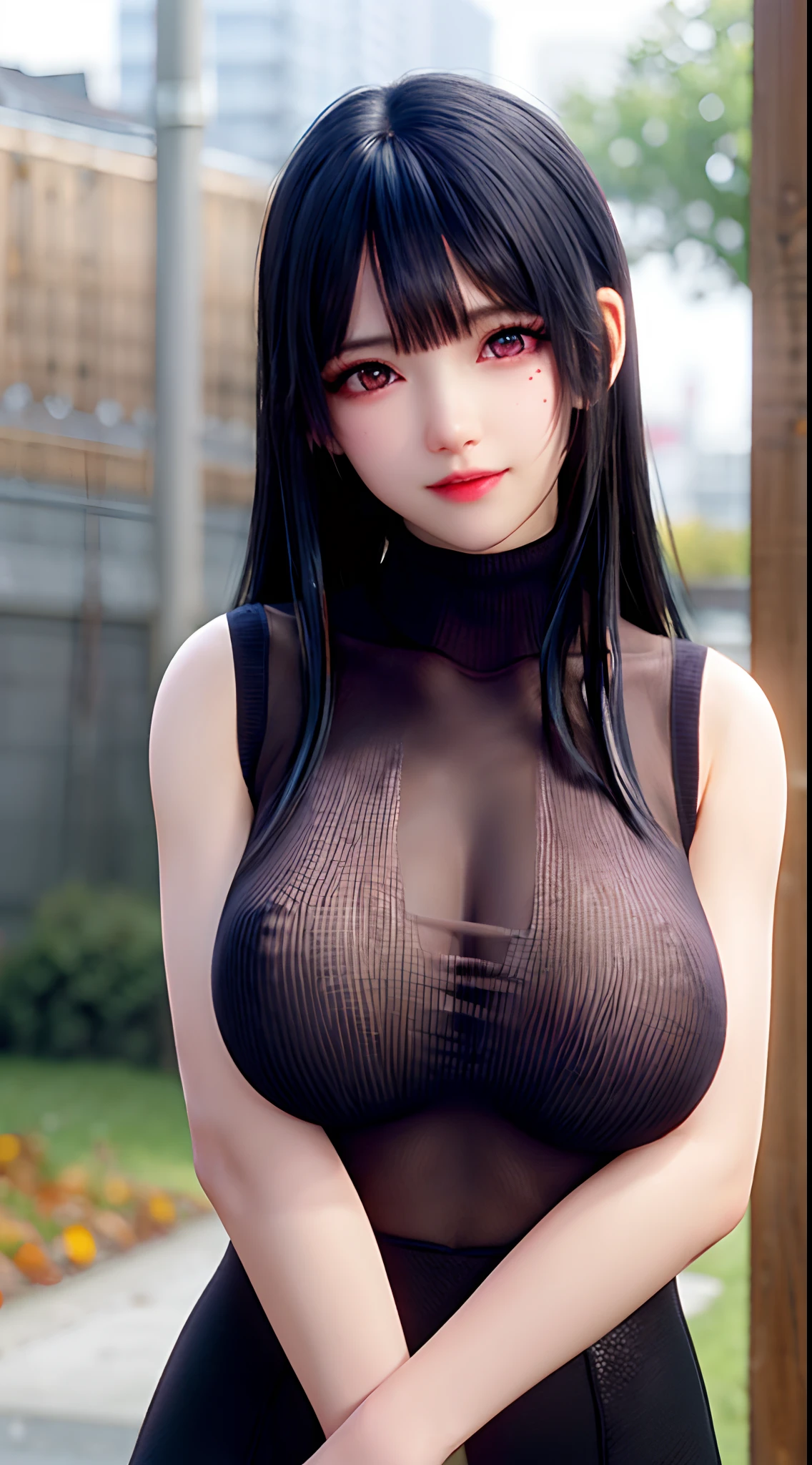 1girll, bangs, Bare shoulders, Black hair, Black sweater, Blunt bangs, Bra, Closed mouth, Depth of field, hime-cut, Huge breasts, Lips, Long hair, view the viewer, Moles under the mouth, Autumn cool wheat, Purple eyes, ribbed sweater, See-through, Sleeveless, Sleeveless sweater, Solo, Sweater, Turtleneck, high-necksweater, underwear, Upper body,Smile,(Masterpiece:1.4),(Best quality:1.4),(Shiny skin),Steamed body