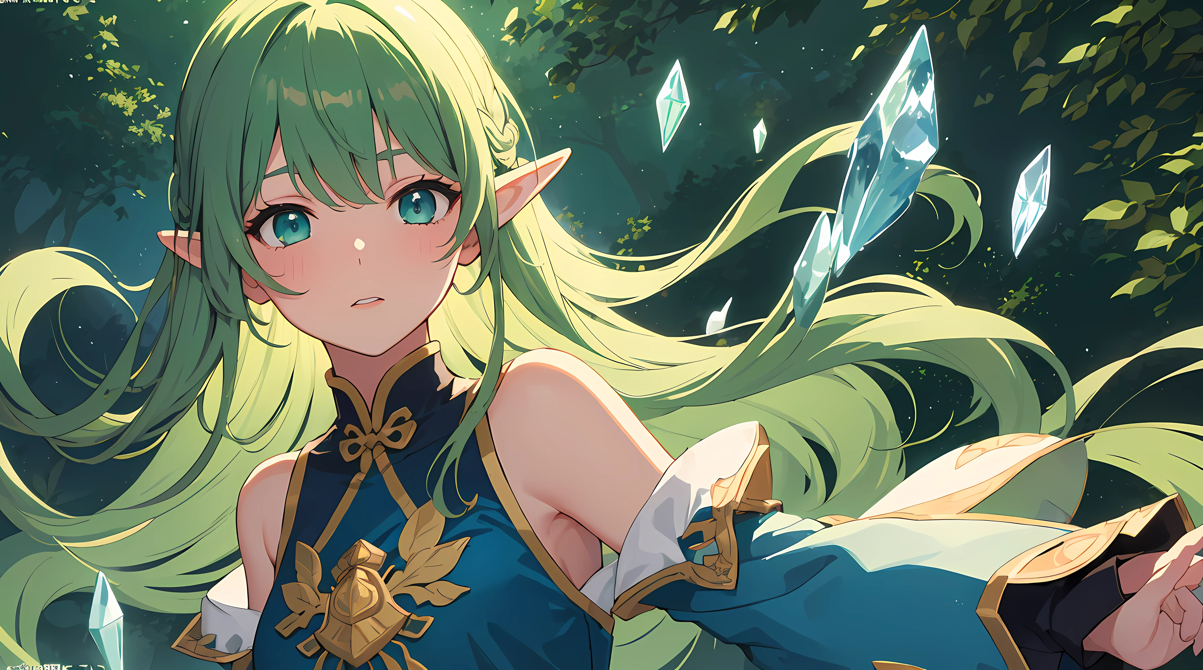 (Masterpiece, Top Quality, Best, Official Art, Beautiful and Aesthetic, Long Exposure: 1.2), Smooth Movement, Charming Patterns, 1 Girl, (Long Dress with Sleeves: 1.3), (((Green Clothes) )), upper body close-up, bare shoulders, Chinese girl, blush, black lob hair, portrait, solo, upper body, looking at the observer, detailed background, detailed face, (crystallineAI, crystalline theme:1.1), elemental wood elf, rotation foliage, control foliage, emerald clothing, dynamic pose, floating particles, ethereal dynamics, foliage, vapor, forest in the background, green tint, forest, ethereal atmosphere,