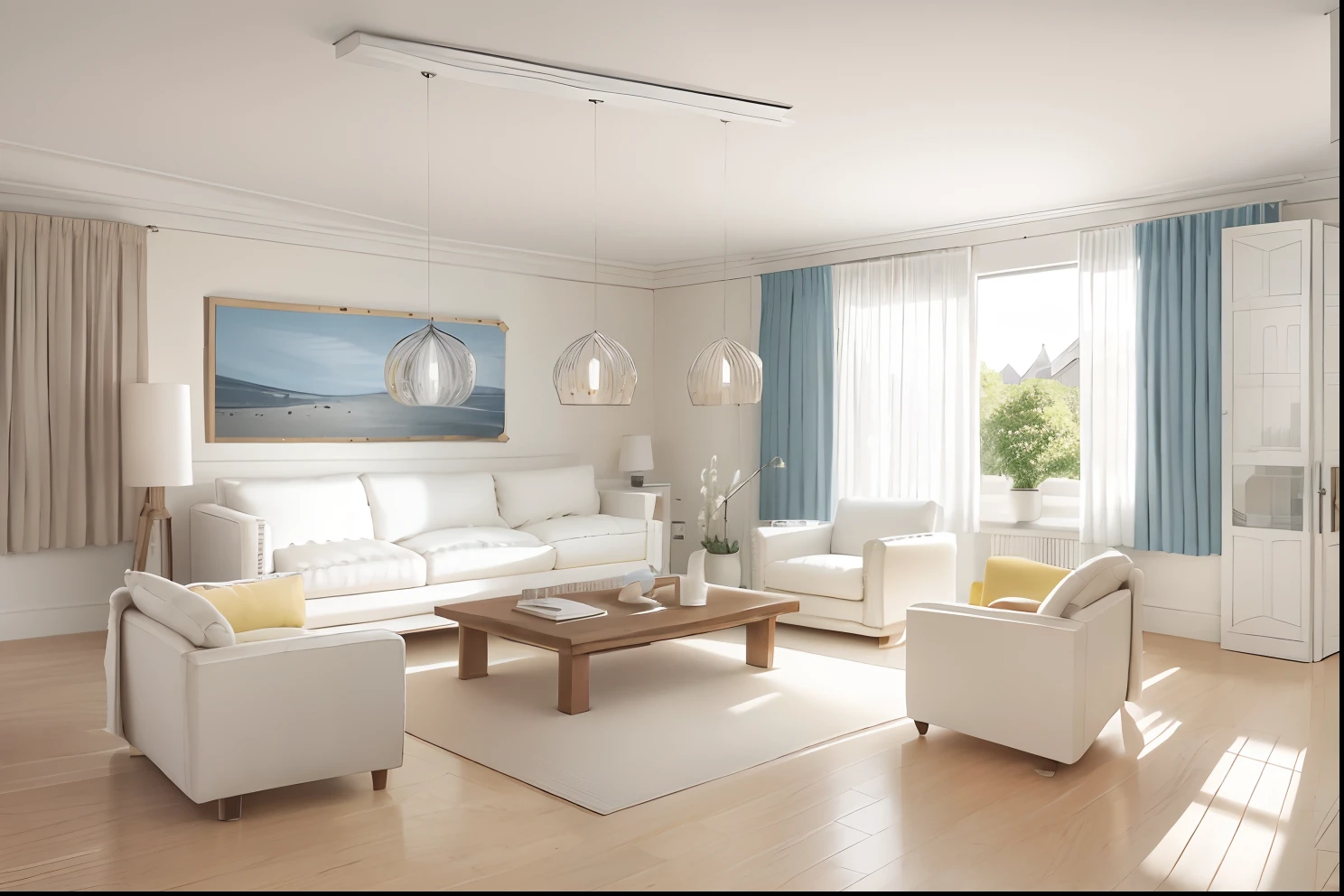 a beautiful modern living room, ((Foster and partners, artist impression, art impression, Hamish MacDonald, kerie Morris, David Brewster, higher detail illustration, Helen Berman, illustration, detailed illustration, Nick Fudge, Warren Mahi, artist impression))), few pictures on the wall, linen curtains next to classroom windows, coffee table, modern wood, ceiling with magnetic luminescence lighting, white fabric PRB texture, marble fish belly white texture,