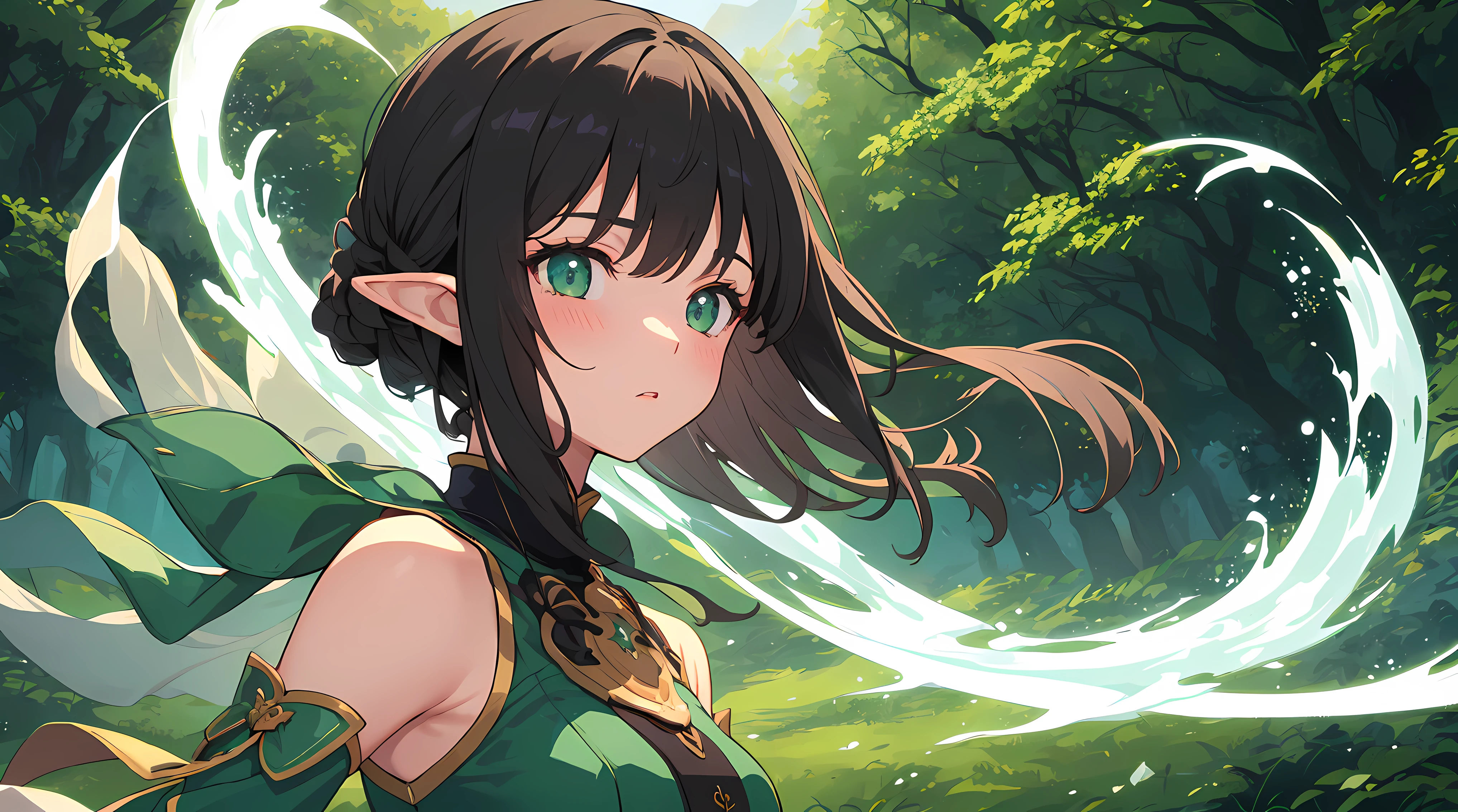 (Masterpiece, Top Quality, Best, Official Art, Beautiful and Aesthetic, Long Exposure: 1.2), Smooth Movement, Charming Patterns, 1 Girl, (Long Dress with Sleeves: 1.3), (((Green Clothes) )), upper body close-up, bare shoulders, Chinese girl, blush, black lob hair, portrait, solo, upper body, looking at the observer, detailed background, detailed face, (crystallineAI, crystalline theme:1.1), elemental wood elf, rotation foliage, control foliage, emerald clothing, dynamic pose, floating particles, ethereal dynamics, foliage, vapor, forest in the background, green tint, forest, ethereal atmosphere,