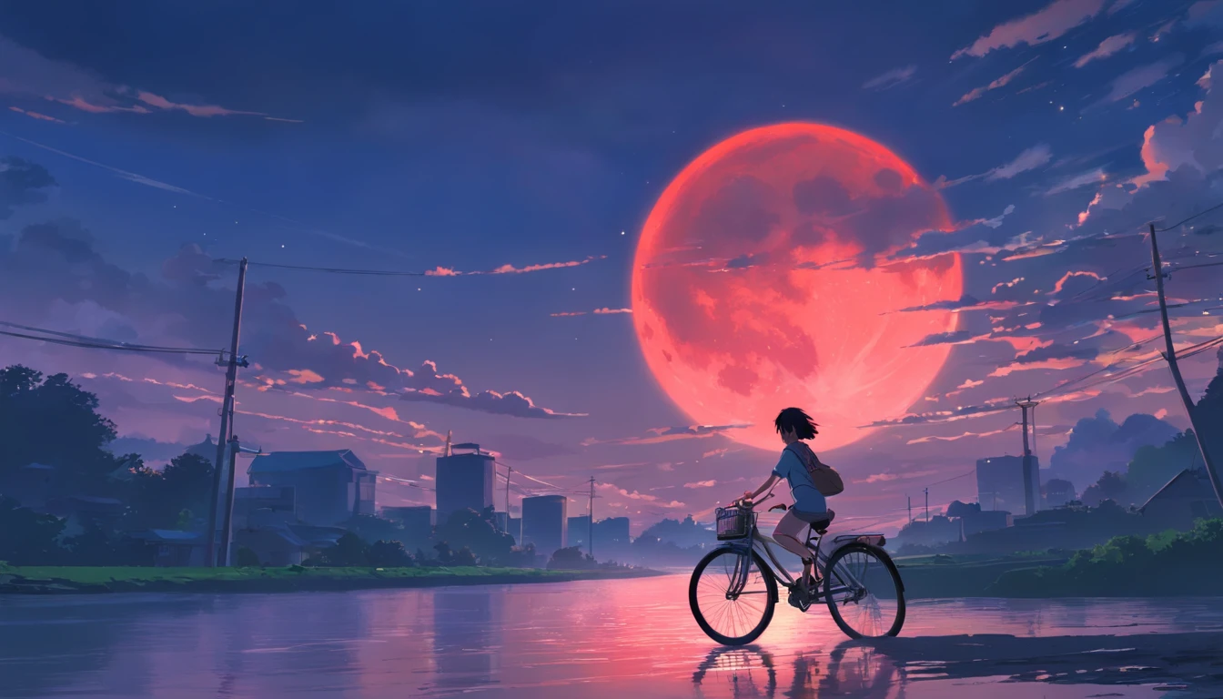 Red Moon、Bloody river、dark sky、One leg、rides a bike