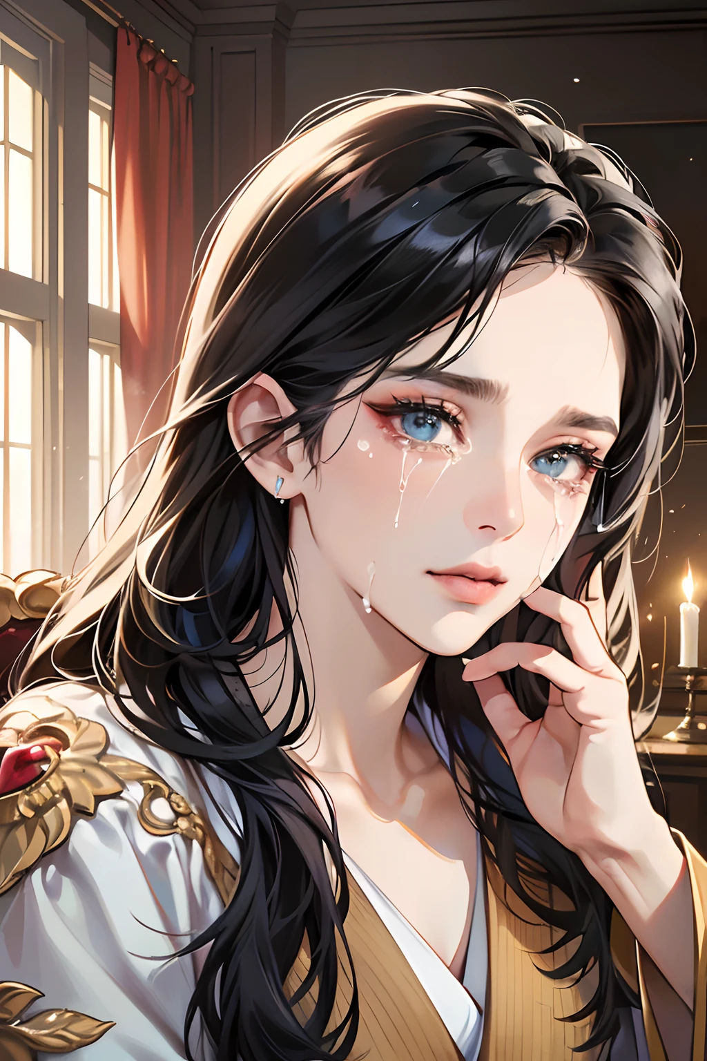 (masutepiece, Digital Art, Digital Illustration, 4K, 8K, Ultra-detailed, beautiful image, Sharp Image, Photorealistic, Raw photo, Perfect face, Perfect lines, Perfect eyes, Soft lighting) 1 woman, (Long Black Hair,straight haired,Bullish gaze,Beautie,ellegance,mannish,Wearing a bathrobe,Solid makeup,23 y-o woman,small tits:1.3),Two handsome men in suits, (ember,Men in suits,well-muscled,Firm shoulder width,Adult male,Boyish hairstyle,English gentlemanly style,Man in his 30s with a cool expression,28-year-old man with bright smile:1.2),Antique furnishings,Antique Clamps,Antique chair,chandeliers,Crystal Glass,Luxury,fantastical light,Marble fireplace,wine glasses ,champagne,(First time failure,heart-broken,Crying face,vexation:1.2),At work,