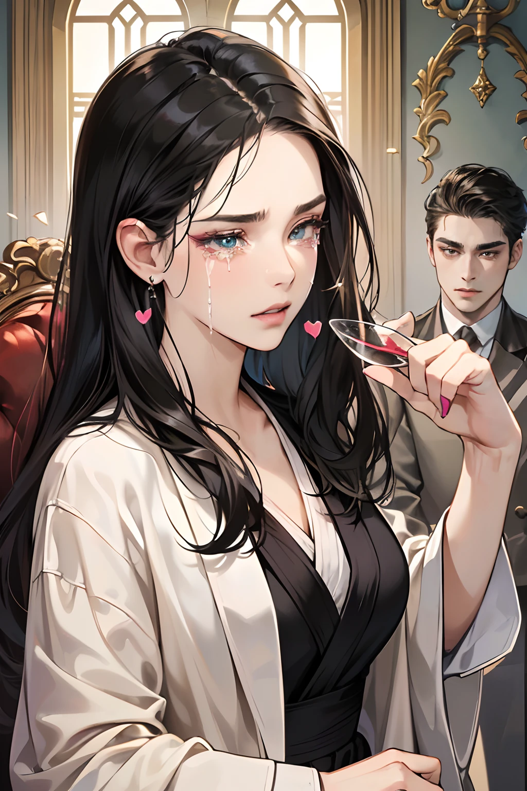 (masutepiece, Digital Art, Digital Illustration, 4K, 8K, Ultra-detailed, beautiful image, Sharp Image, Photorealistic, Raw photo, Perfect face, Perfect lines, Perfect eyes, Soft lighting) 1 woman, (Long Black Hair,straight haired,Bullish gaze,Beautie,ellegance,mannish,Wearing a bathrobe,Solid makeup,23 y-o woman,small tits:1.3),Two handsome men in suits, (ember,Men in suits,well-muscled,Firm shoulder width,Adult male,Boyish hairstyle,English gentlemanly style,Man in his 30s with a cool expression,28-year-old man with bright smile:1.2),Antique furnishings,Antique Clamps,Antique chair,chandeliers,Crystal Glass,Luxury,fantastical light,Marble fireplace,wine glasses ,champagne,(First time failure,heart-broken,Crying face,vexation:1.2),At work,