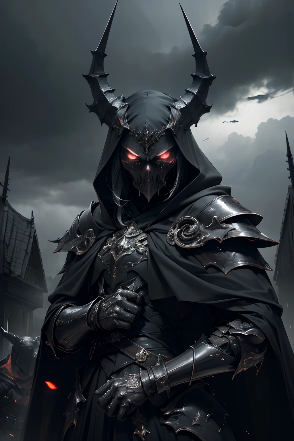 best quality,4k,highres,masterpiece:1.2, ultra-detailed, realistic:1.37, dark art, portraits, eerie atmosphere, mysterious lighting, terrifying presence, menacing armor, grim expression, sinister eyes, twisted horns, sharp sword, ominous cloak, dark clouds, haunting shadows, intense battle scene, dramatic composition