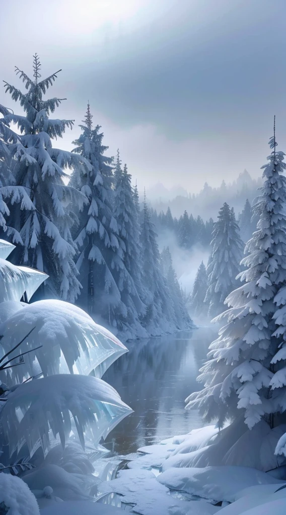 Foggy,Siberian landscape,Heavy snow covered the jungle,The pine trees are full of ice flowers