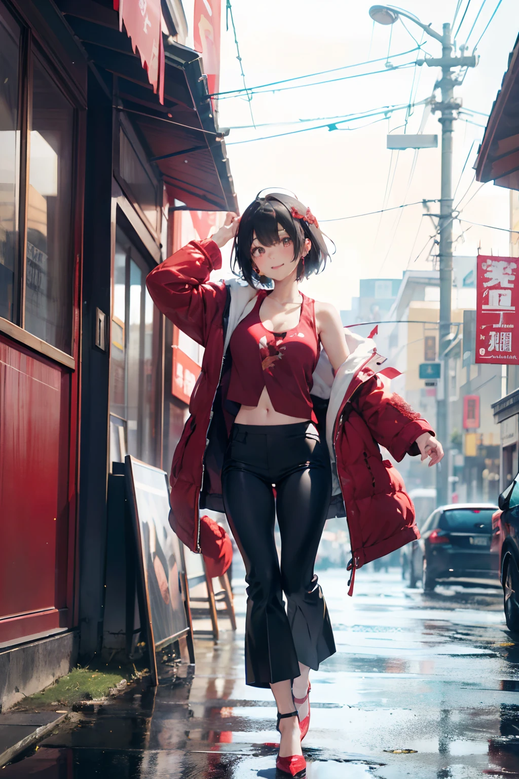 a 20 yo woman、Black-haired head hair、Bery short hair、Big smile、cleavage of the breast、Clothes with fluttering breasts、(hi-top fade:1.3)、dark themed、Muted Tones、Subdued Color、highly contrast、(natural skin textures、Hyper-Realism、Soft light、sharp) 、facing back, lifted by self,【pronpt】
<Quality Improvement Prompt>
<Character appearance、Backgrounds and other prompts>
BREAK (Red Theme:1.5), ((Red Outerwear, Oversized red pants, Red baggy pants):1.4), (She wears a long red coat with dragon embroidery over a black tank top:1.5), ((cleavage, 鎖骨):1.2), ((Navel, ankle):1.3), (pumps:1.2), (earrings:1.2), (Chinese charactersa, Chinese characters:1.2),There is a dragon pattern on the back,
<expressioness、illuminating、Other Prompts>
【negative】
(Black pants:1.4),