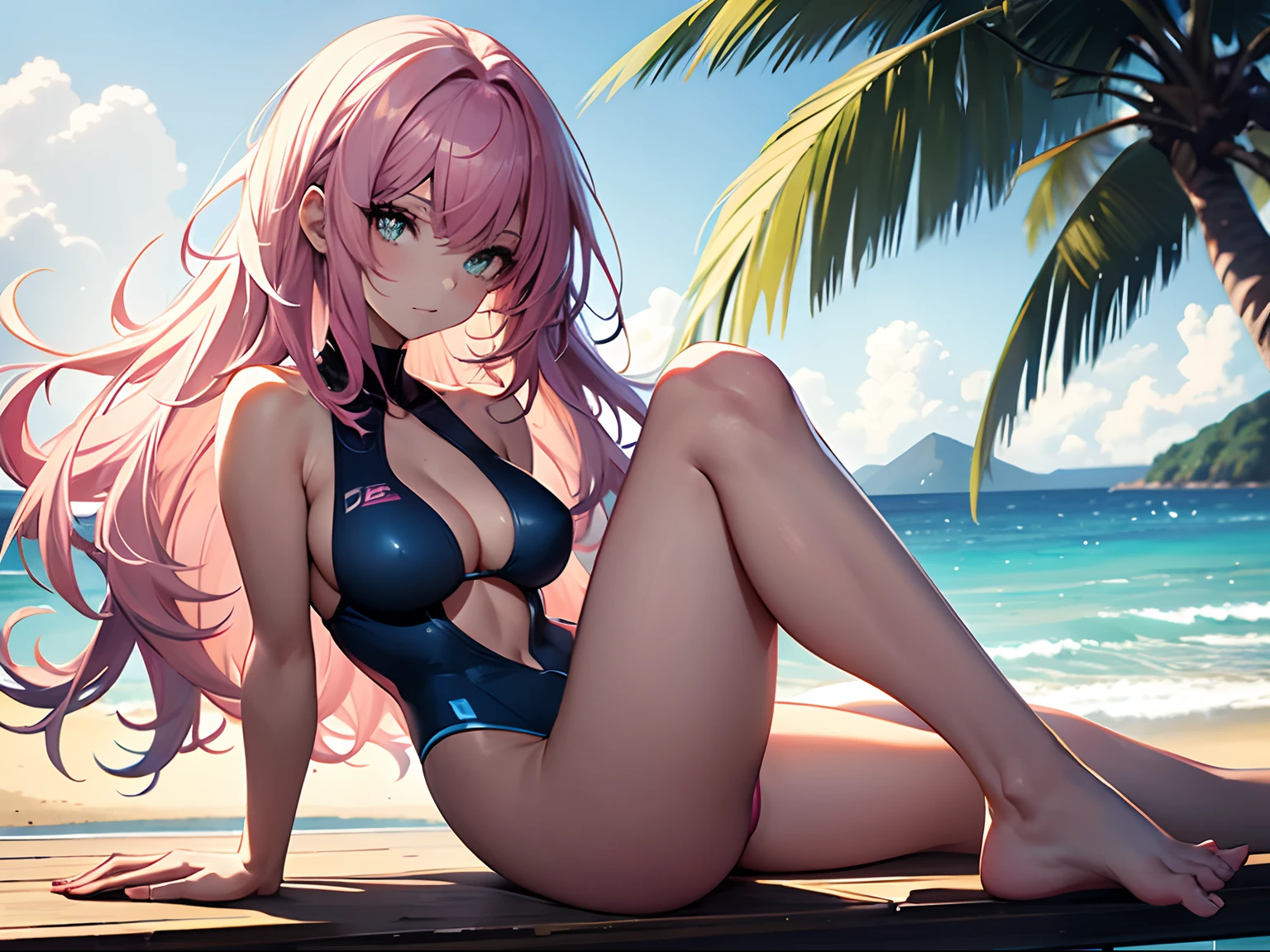 ((Masterpiece, Highest quality)), Detailed face, Beautiful face， full bodyesbian, Full of details, Highly detailed, Depth, Beautiful girl with pink hair，with hair dishevelled，long pink hair，Sick，White pupils，The legs are very thin，The legs are long, blue eyelashes, swimsuit,yellow swimsuit, bikini, seaside, beach, twilight, Tall and tall，Thin, 8k, ultrarealistik, oficial art,