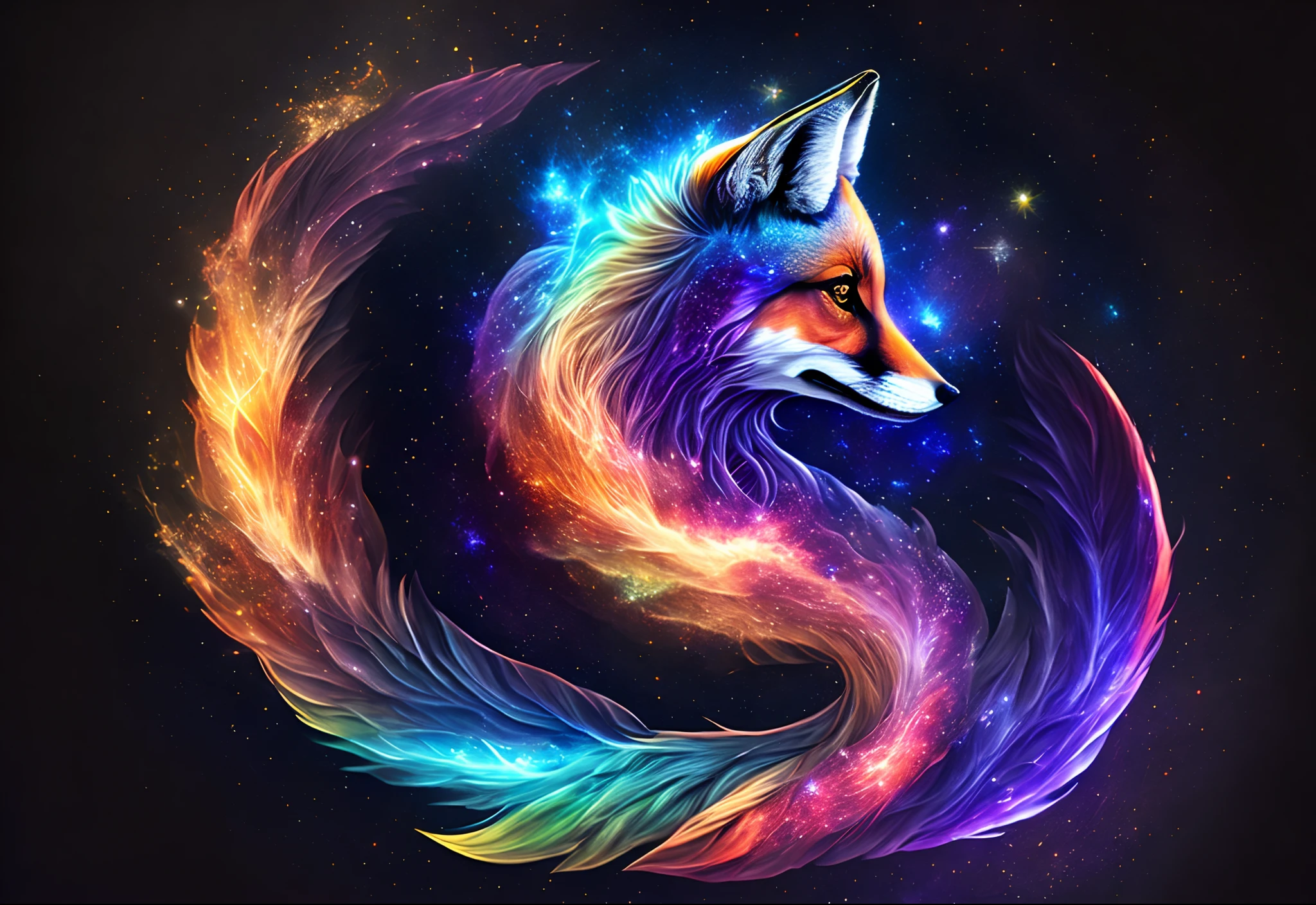 Nine tailed fox, beautiful and ferocious, fierce, stars, space, void, rainbow auora