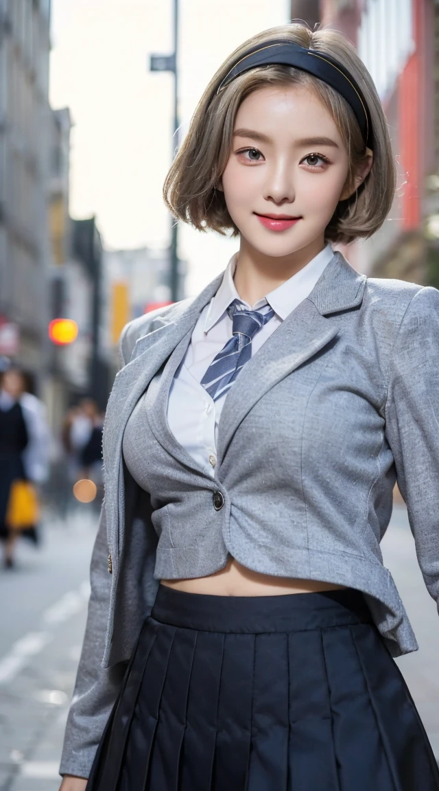 Beautiful young girl, short hair, blonde, (smiling), looking to the viewer, (headband), ((school uniforms:1.4)), ((black skirt)), ((outer clothes gray jacket)), ((high school girl), ((in the city:1.3)), ((big boobs)), pale lips, big boobs, white skin, beautiful eyes, beautiful face, ((dynamic poses)), perfect body, perfect face