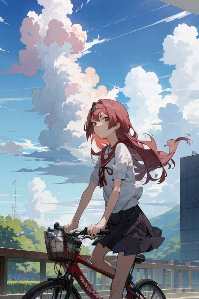 ((masutepiece, Best Quality)),Kongo Light Lake,Long hair,Blue sky, cumulonimbus clouds, Outdoors,Looking at Viewer,rides a bike