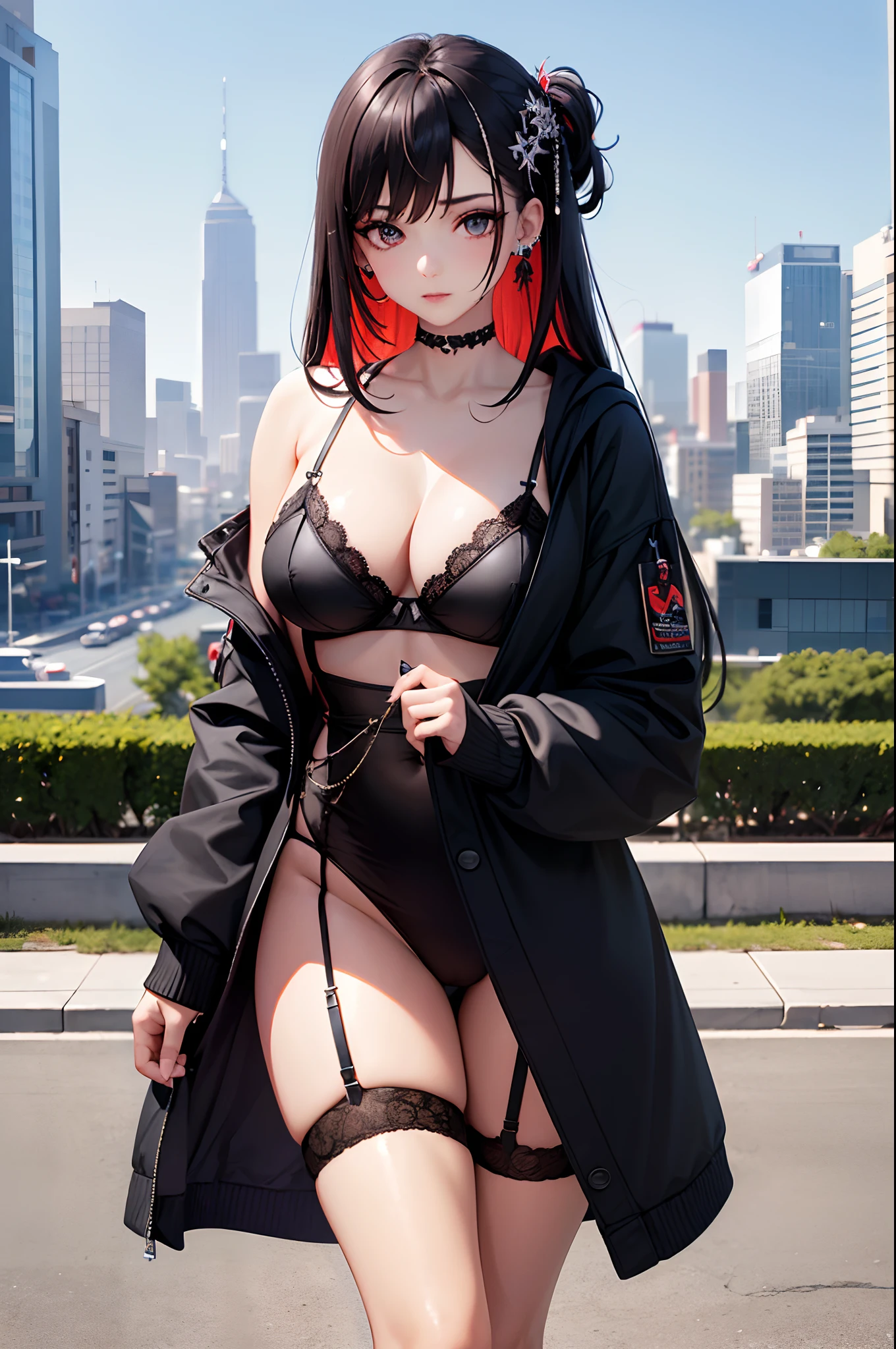 1girl, absurdres, high res, extremely detailed ultrasharp, 8K, masterpiece, city background, looking at viewer, human, thighs, breasts, big breasts, long hair, multicolored hair, makeup, hair ornament, open hoodie, garter straps, ear piercings, hair ornament