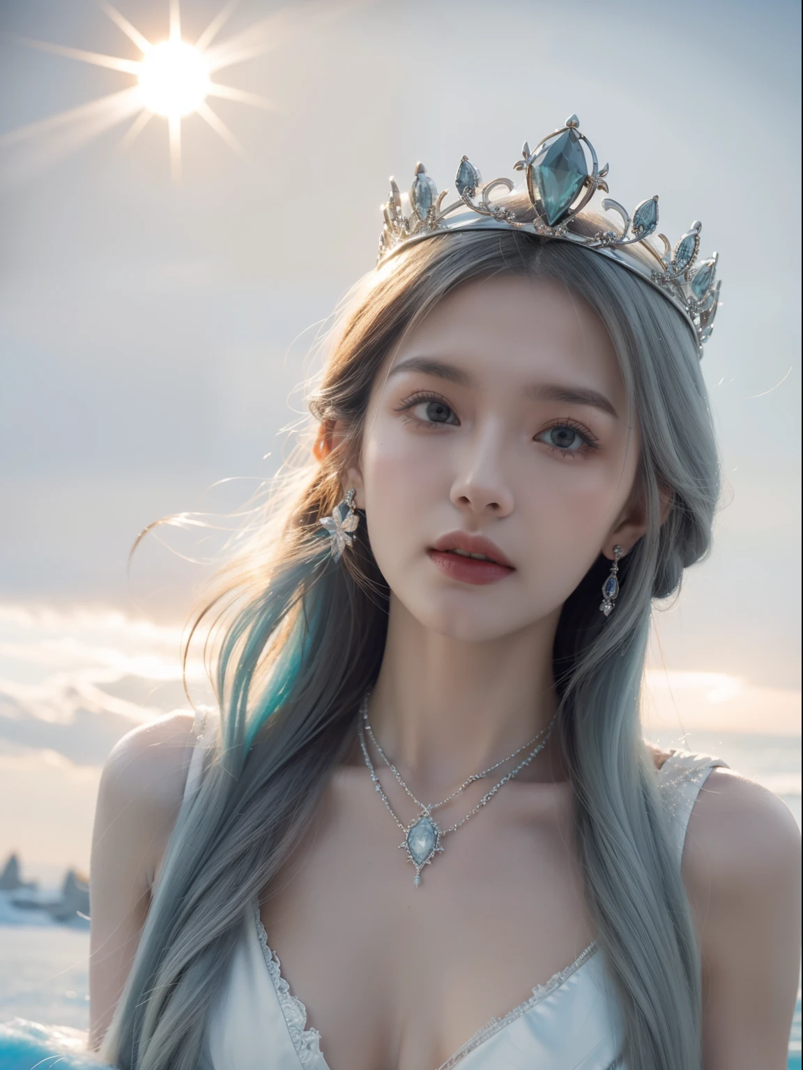`Ice Queen in a kingdom with the sun as the background, High definition, Rich in details`