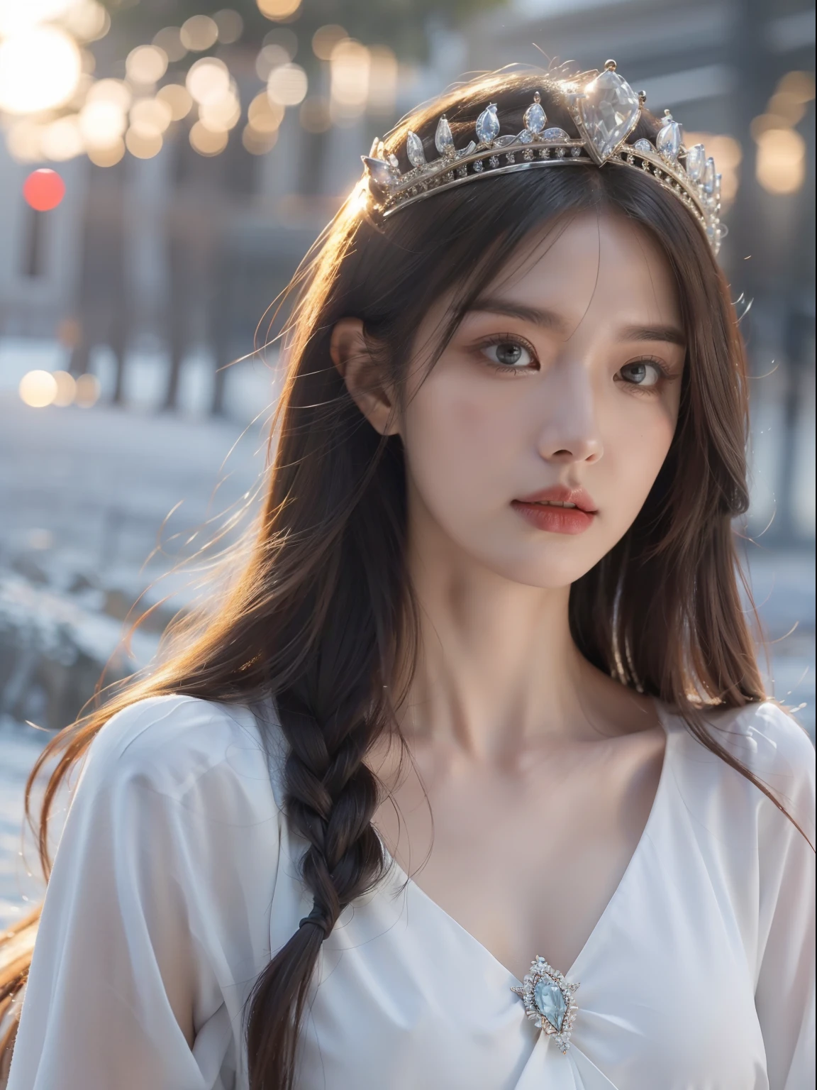 `Ice Queen in a kingdom with the sun as the background, High definition, Rich in details`