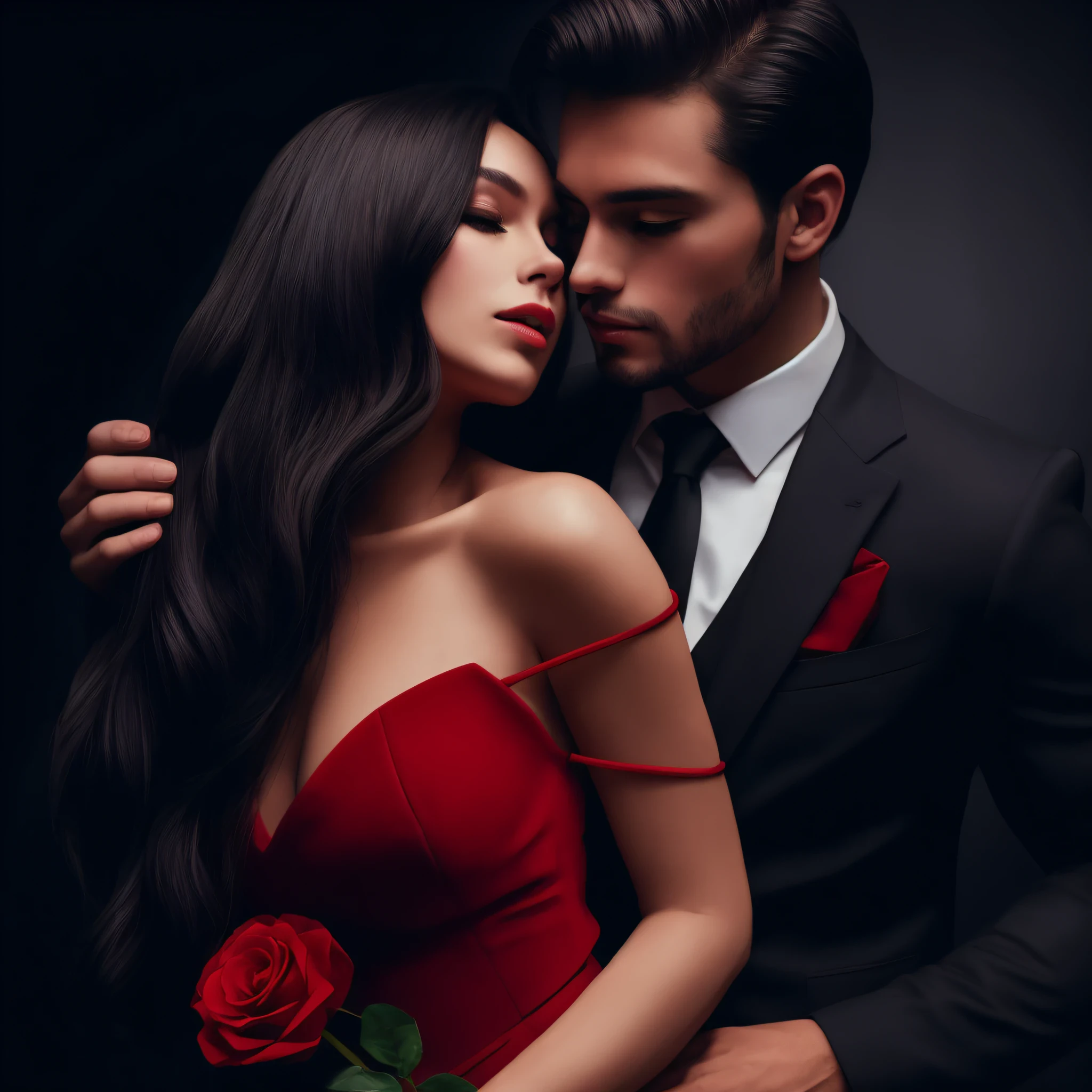 Woman in a red dress hugging a man in a black suit, romantic couple, Directed by: Zofia Stryjenska, capa de romance, foto de retrato, Directed by: Aleksander Kotsis, Directed by: Zlatyu Boyadzhiev, Directed by: Hristofor Zhefarovich, Directed by: Anna Katharina Block, pose apaixonada, Romance sombrio