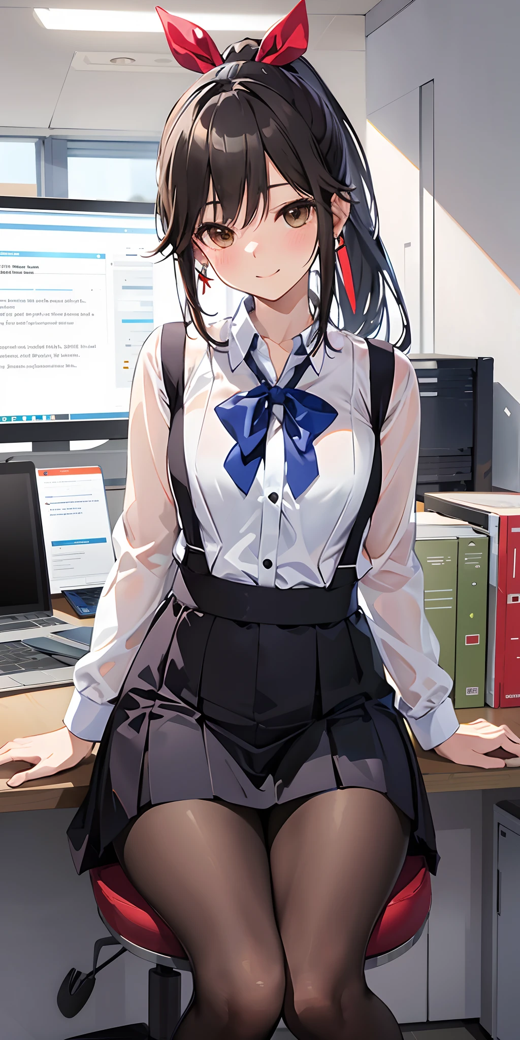 (raw, Best Quality, masutepiece:1.5), (photographrealistic, Intricate details:1.2), 超A high resolution, absurderes,
1girl in, Beautiful face, Brown eyes, detalied eyes, symmetrical eye, Light on Face, nose blush, Ponytail , black hair tie, vests, Suit, Pencil miniskirt, White shirt, Black pantyhose, [:20d, :0.8],
Smile, Small dimples, Sexually suggestive, 
medium breasts, Slim waist, Slim legs, Long legs,
sitting on chair in front of desk, Perfect body, good proportion,
Looking at Viewer, 
(Office, Indoor, hyper detailed background:1.2), Japan, copy machine, file cabinet, a computer, Monitors,
Shiny skin, Real skin texture, 
Natural lighting, The best lighting, Detailed background, detailed shadow, Sharp Focus, Depth of field f/2,
saturated, High contrast, Strong light and shadow