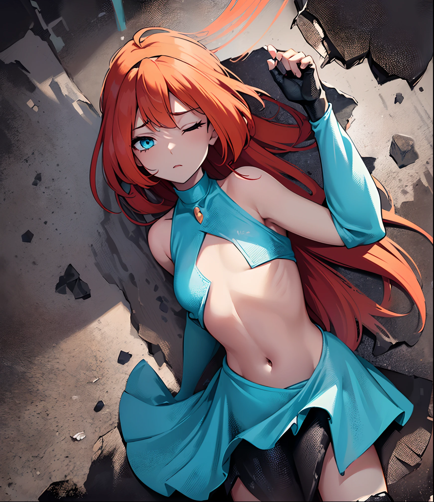 Bloom has taken a severe beating by a large troll monster, and shoulder slammed from fifty feet straight and hard into the ground, now lieing inert and senseless. The monster has caused small wounds on her body, as she lies senselessly on her side in agony; Bloom lies helplessly torpid and inert, defeated effortlessly. (Bloom) (orange hair, bangs, long hair, cyan blue eyes, both eyes closed, bare shoulders, frail weak body lieing on the left side, dainty arms on the ground and clutching her stomach, slender legs, beaten and thrashed, slinky flushed face, body brutally shoulder slammed at high speed, Bloom shows visible weariness and rock pieces, black bruises across the face and body) (Fairy Outfit) (ripped blue croptop, well-endowed chest, sleeveless, mini blue skirt, exposed midriff & stomach, sparkling clothing, wings, broken tiara), good hands, perfect hands:1, (Bloom torpid and defeated in a large cave crack:1.3), (pieces of rock on her cheeks:1.2), (detailed scratched face and skin:1.1), (Bloom is in agony and looks miserable, closed eyes and clutching her stomach:1.1), (dark monochrome lightning, brown & gray cave floor, black stains, cracks everywhere:1.2), (Bloom is lieing on her side and back, crumpled and torpid in large crack in cave floor:1.5), (anime style: 1.1), (full-body-shot:1), (Cowboy-shot:1.2), (Close-up on Bloom:1), (dynamic crumpled & torpid pose:1.9), (Bloom has nicks and gashes:1), (solo, one person, 1girl:1.5),