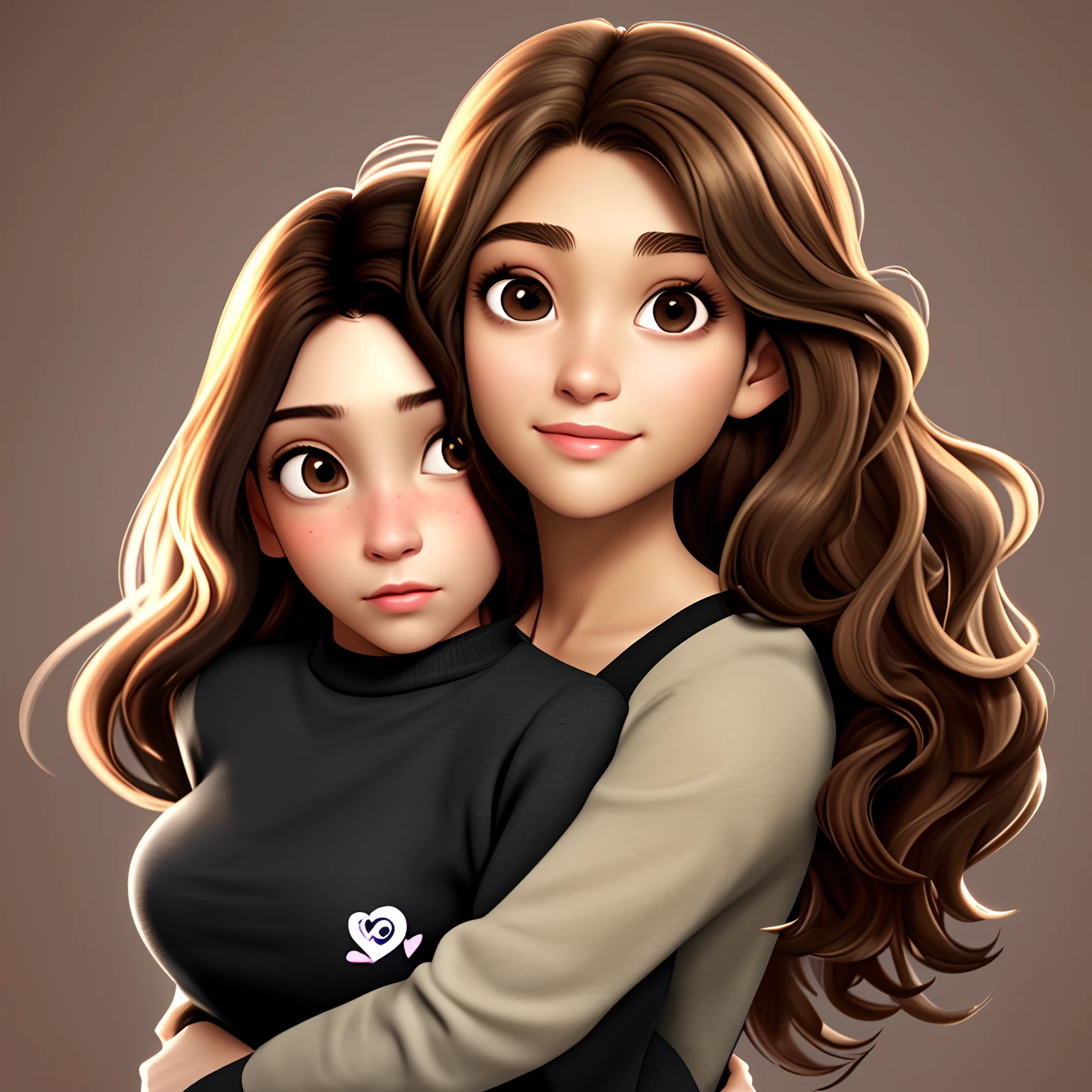 Portrait with hearts of a light-skinned, straight-haired, brown-eyed 27-year-old woman being embraced by a 27-year-old woman with wavy brown hair and black eyes