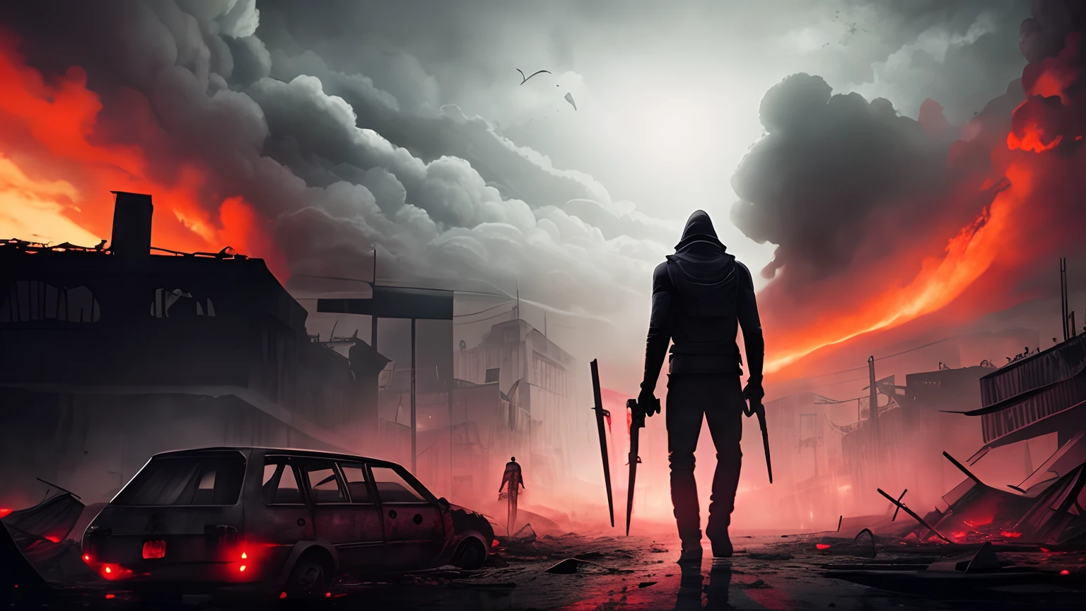 Creepy grey silhouettes with red eyes traversing a destroyed city, red sky, hellish atmosphere, 8k, high resolution