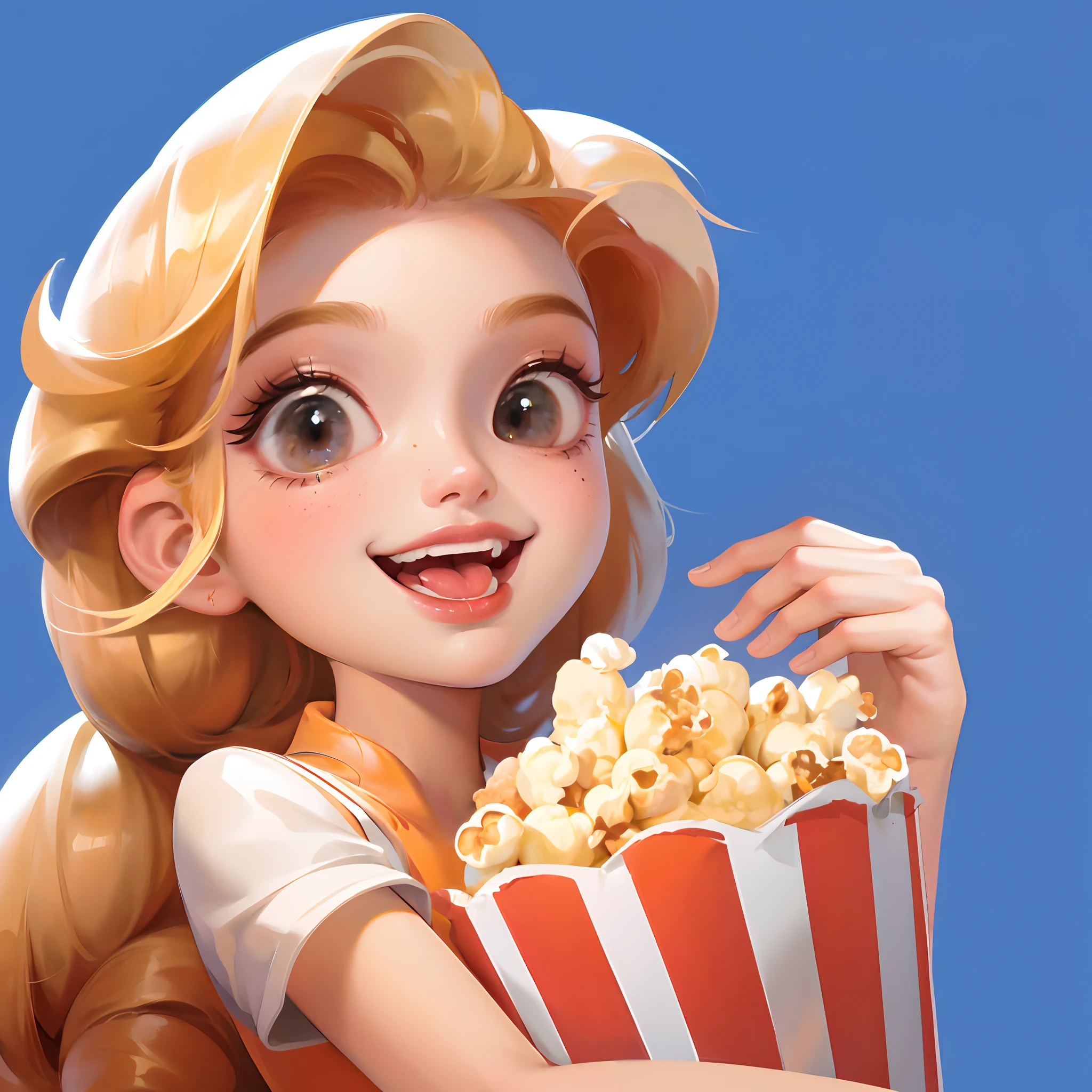 Cartoon girl holding popcorn，brown golden hair，Licking tongue，ssmile，Girl holding a popcorn bucket，cuteexpression，Licking tongue，ssmile，Idle game icons，Highly detailed characters，digital character illustration、 disney artstyle, The image of the heroine in Clash Royal Royale, Realistic characters, Character style, The light from the back window is backlighted, Charming character illustration style, Masterpiece of best quality, , Clean background IW 2 , super detailing, 16k, textureskin, high detal, a 3D render, Ray tracing, Octane renderer, Blender renderer, C4D renderer aspect 9： 16 --niji 5 --s 180 -