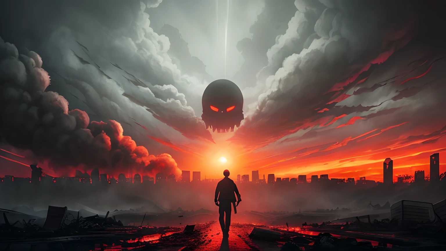 Creepy grey silhouettes with red eyes traversing a destroyed city, red sky, hellish atmosphere, 8k, high resolution