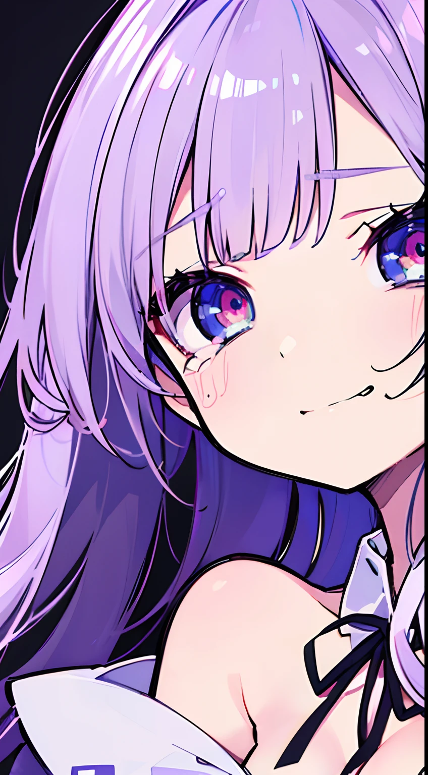 (NSFW),masutepiece, Best Quality, Ultra-detailed,(Lori),sel anime,anime moe art style,animated style illustration, Red eyes(Beautiful eyes), ((Cute)), Cute, (lovely),超A high resolution,1 girl,Blunt bangs, Grinning,hair wavy,ridiculously long hair,((Lilac hair)),de pele branca,Detailed skin,A detailed face,small tits,detailed tits,Gothic loli with beautiful cleavage,off shoulders,Crying Bokuro,Old castle,Blur the background to bring it into focus,half body photo