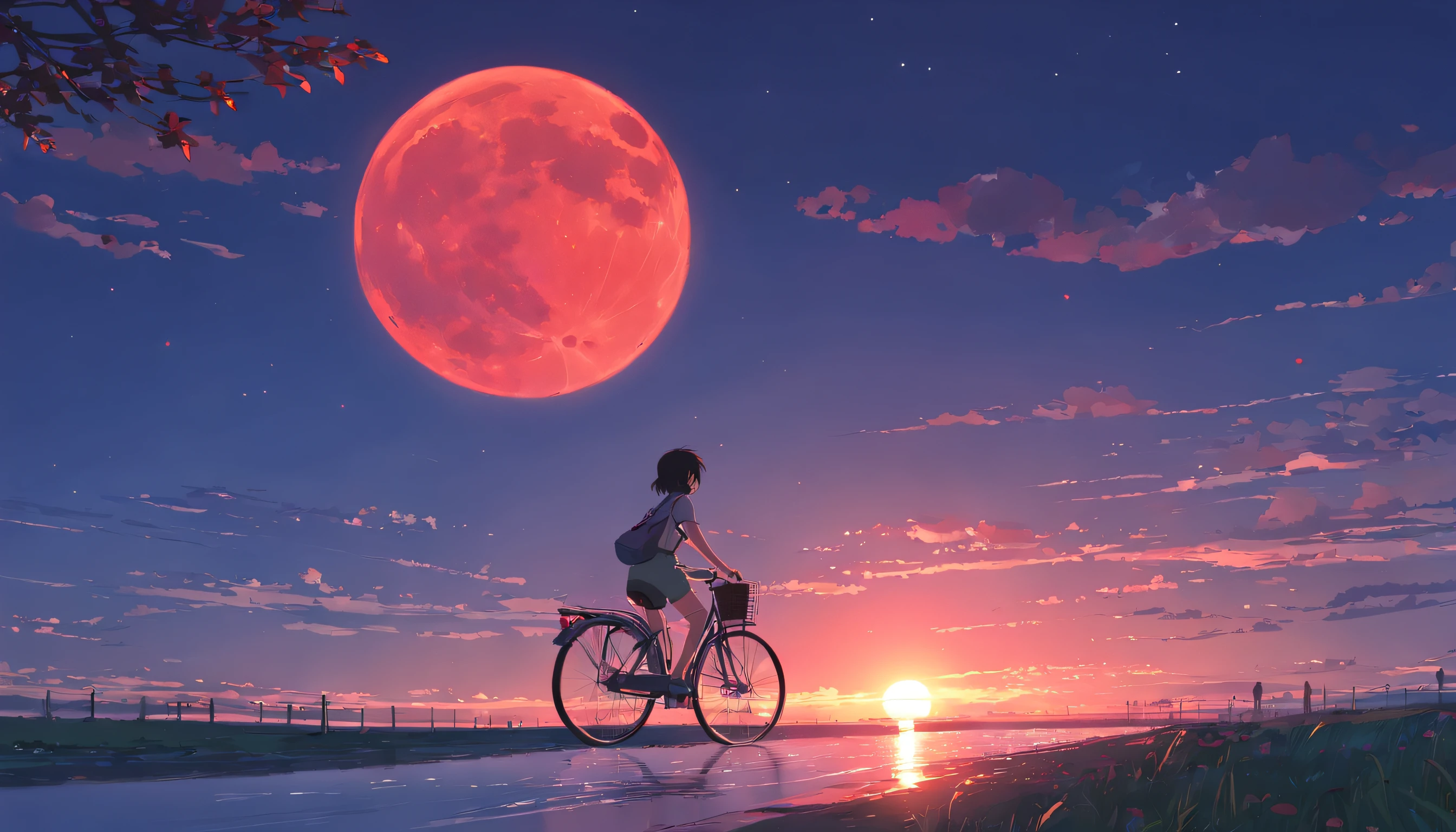 Red Moon、Bloody river、dark sky、One leg、rides a bike