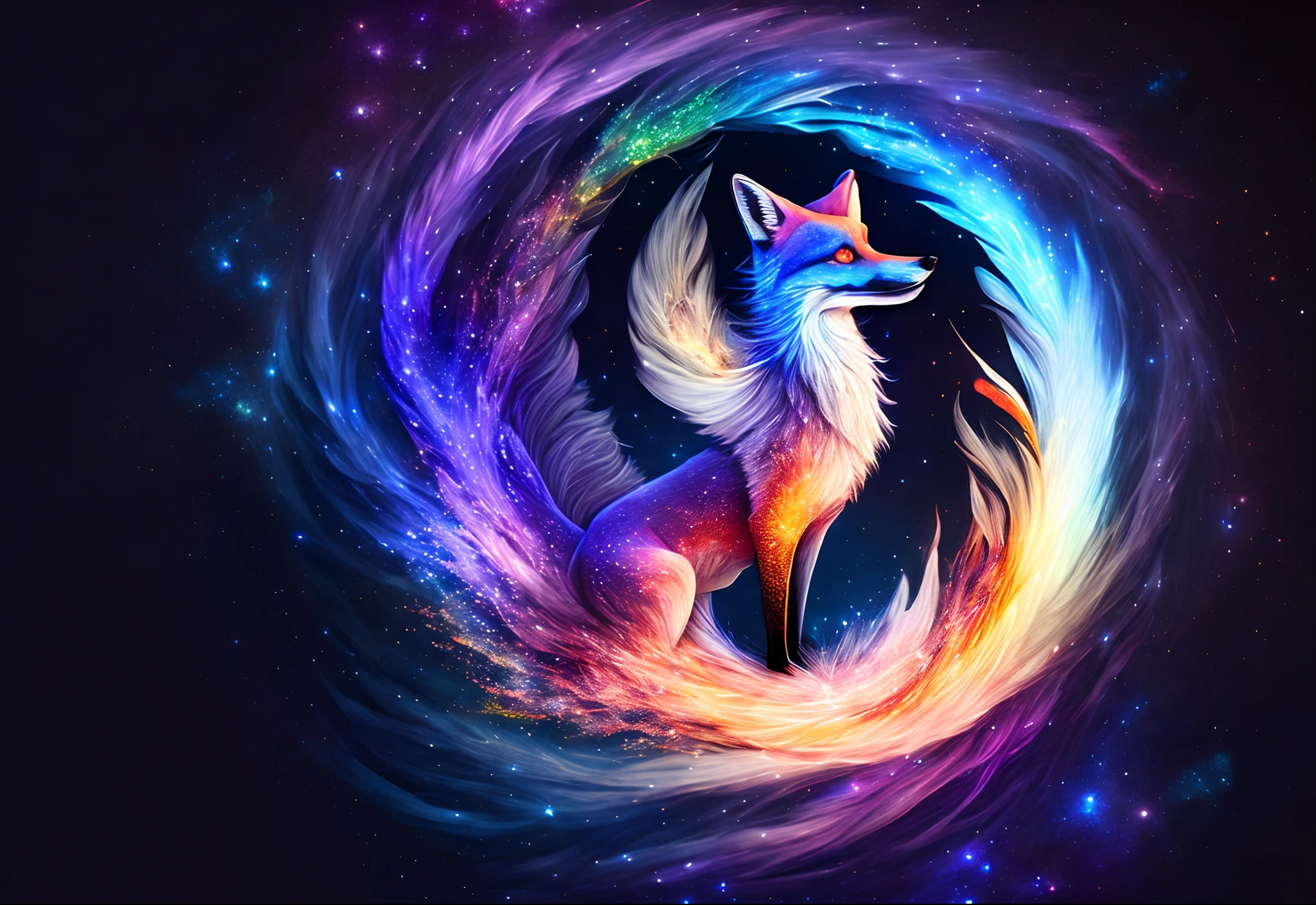 Nine tailed fox, beautiful and ferocious, fierce, stars, space, void, rainbow auora