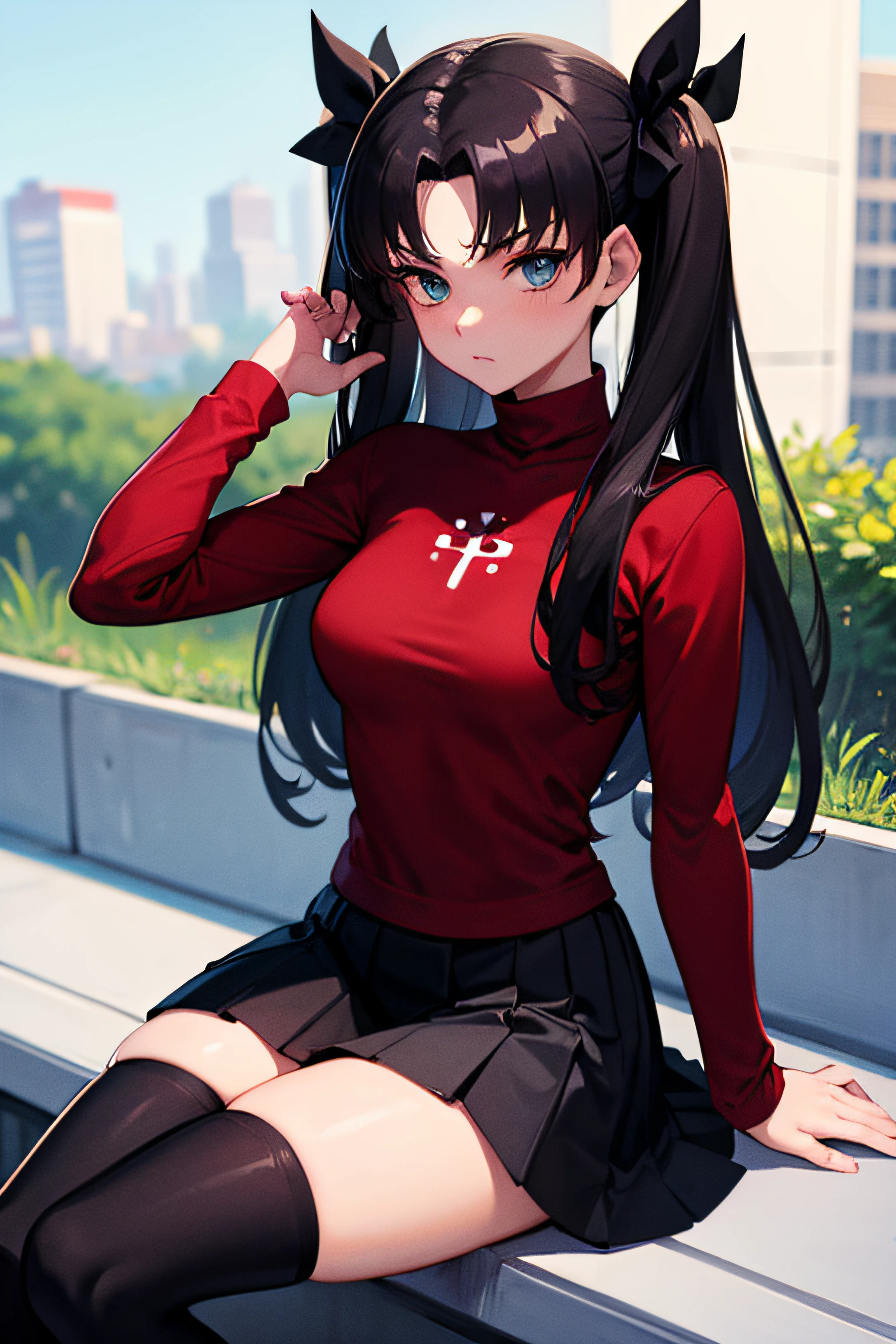 (masterpiece), best quality, expressive eyes, perfect face, 1girl, solo, rintohsaka, rin tohsaka, aqua eyes, black hair, hair ribbon, long hair, ribbon, sidelocks, two side up, black skirt, black thighhighs, long sleeves, miniskirt, pleated skirt, ((red sweater)), skirt, sweater, thighhighs, turtleneck, city background, sitting, character sheet, upper body, portrait, looking at viewer