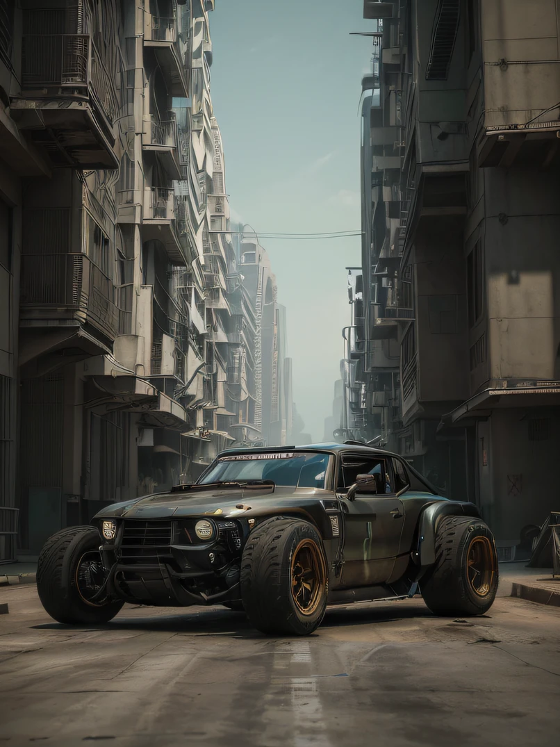 ((masterpiece、top-quality、realisitic、ultra-detailliert、hight resolution、Photorealsitic、foco nítido、photographrealistic、Raw photography、lighting like a movie))、Noon Wilderness、((Futuristic Cyberpunk Hot Rod))、(With glowing tires)、khaki colors、3/4Front view