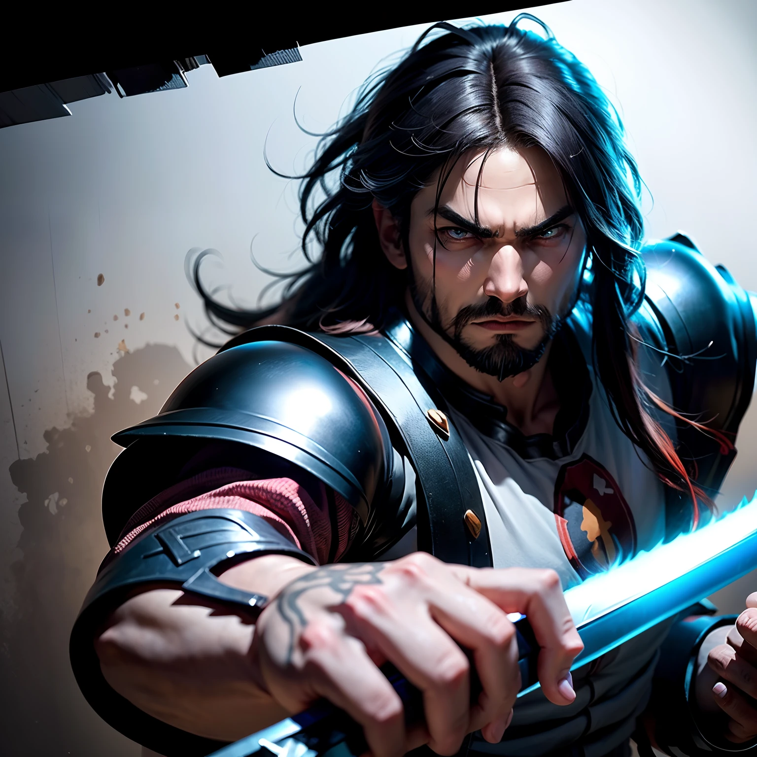 (best quality, masterpiece:1.2), ultra-detailed, detailed face, realistic, simple background, barbarian man with black hair, messy hair, slight beard, samurai armor, ferocious expression, strong build, sword in right hand, looking into the distance with a sense of anticipation, the shadow of a dragon behind the man